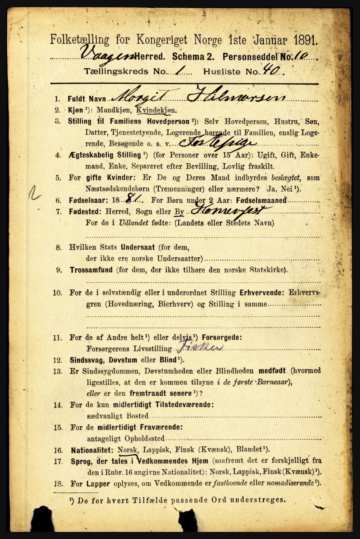 RA, 1891 census for 1865 Vågan, 1891, p. 375