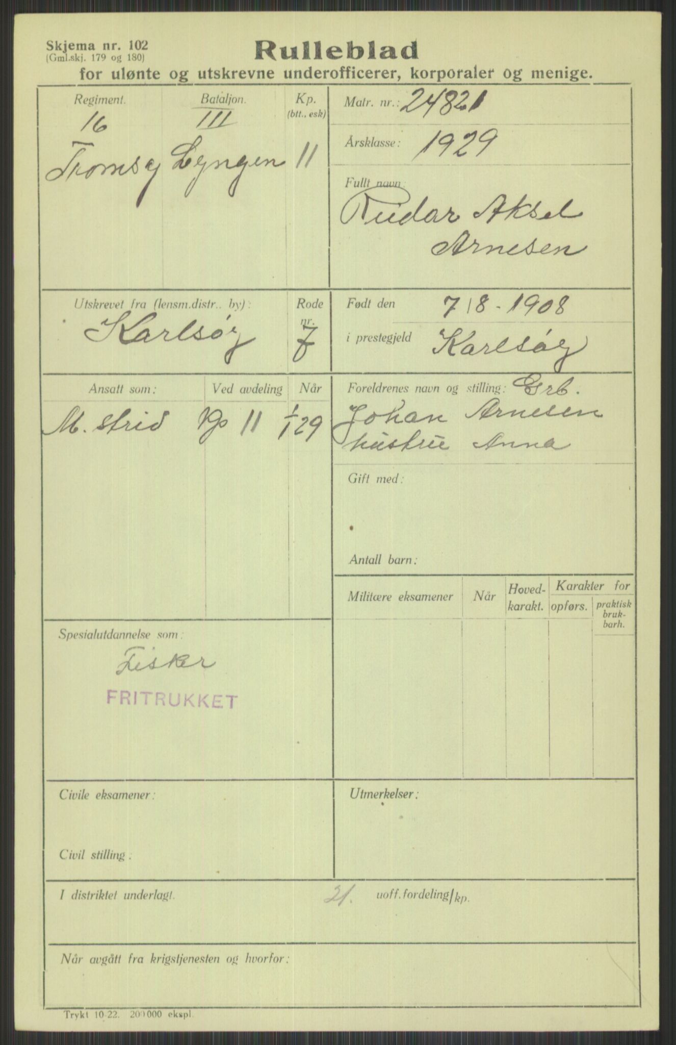 Forsvaret, Troms infanteriregiment nr. 16, AV/RA-RAFA-3146/P/Pa/L0013/0004: Rulleblad / Rulleblad for regimentets menige mannskaper, årsklasse 1929, 1929, p. 99