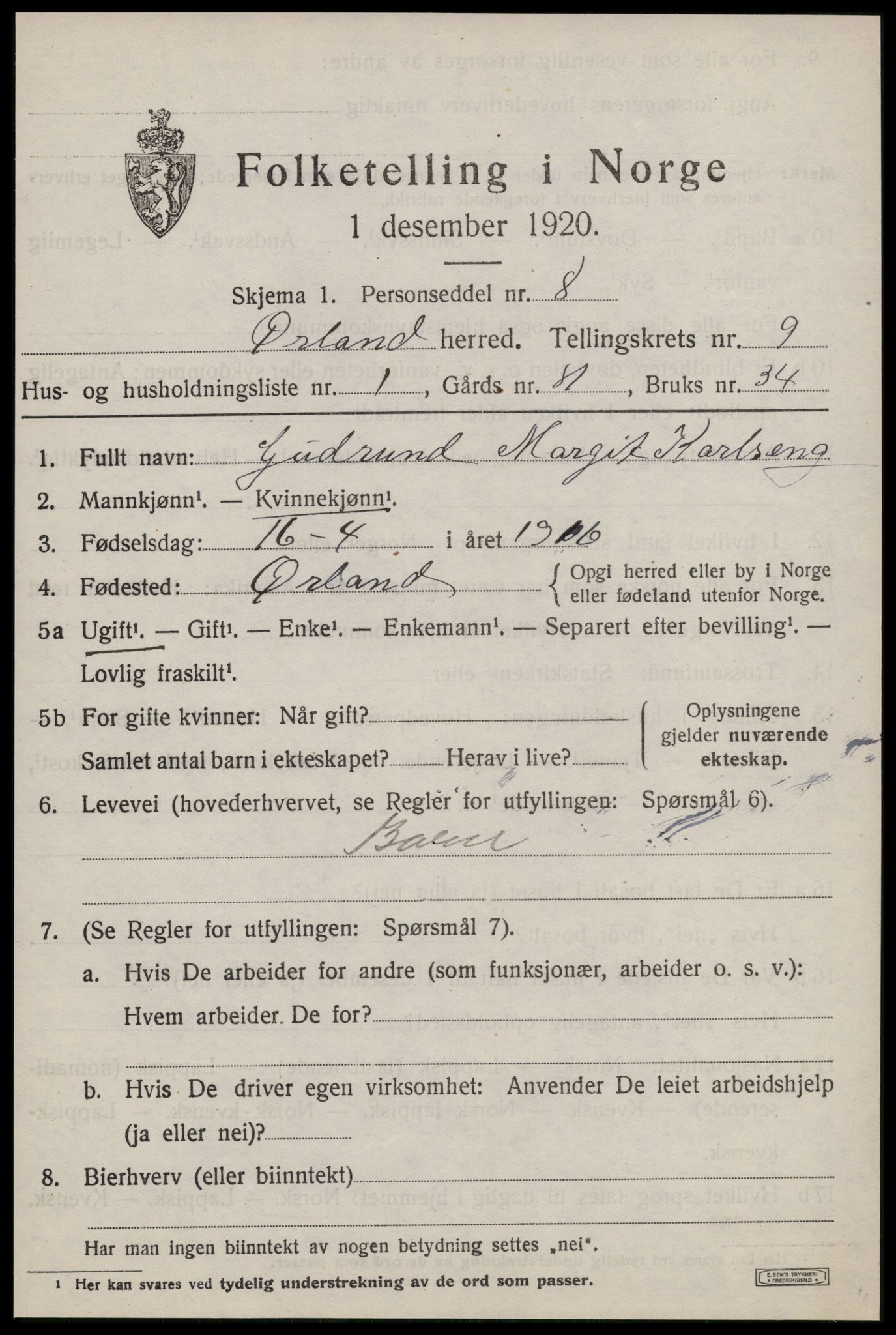 SAT, 1920 census for Ørland, 1920, p. 7849