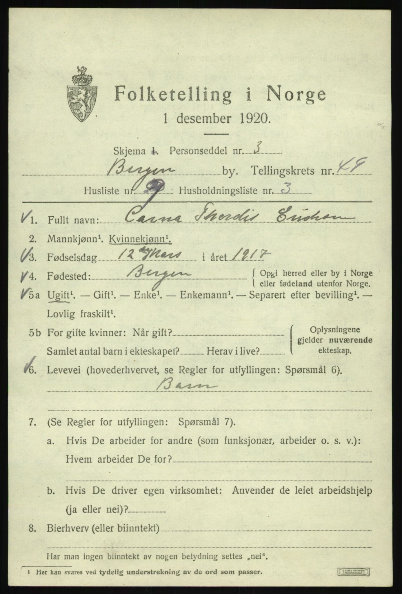 SAB, 1920 census for Bergen, 1920, p. 118188