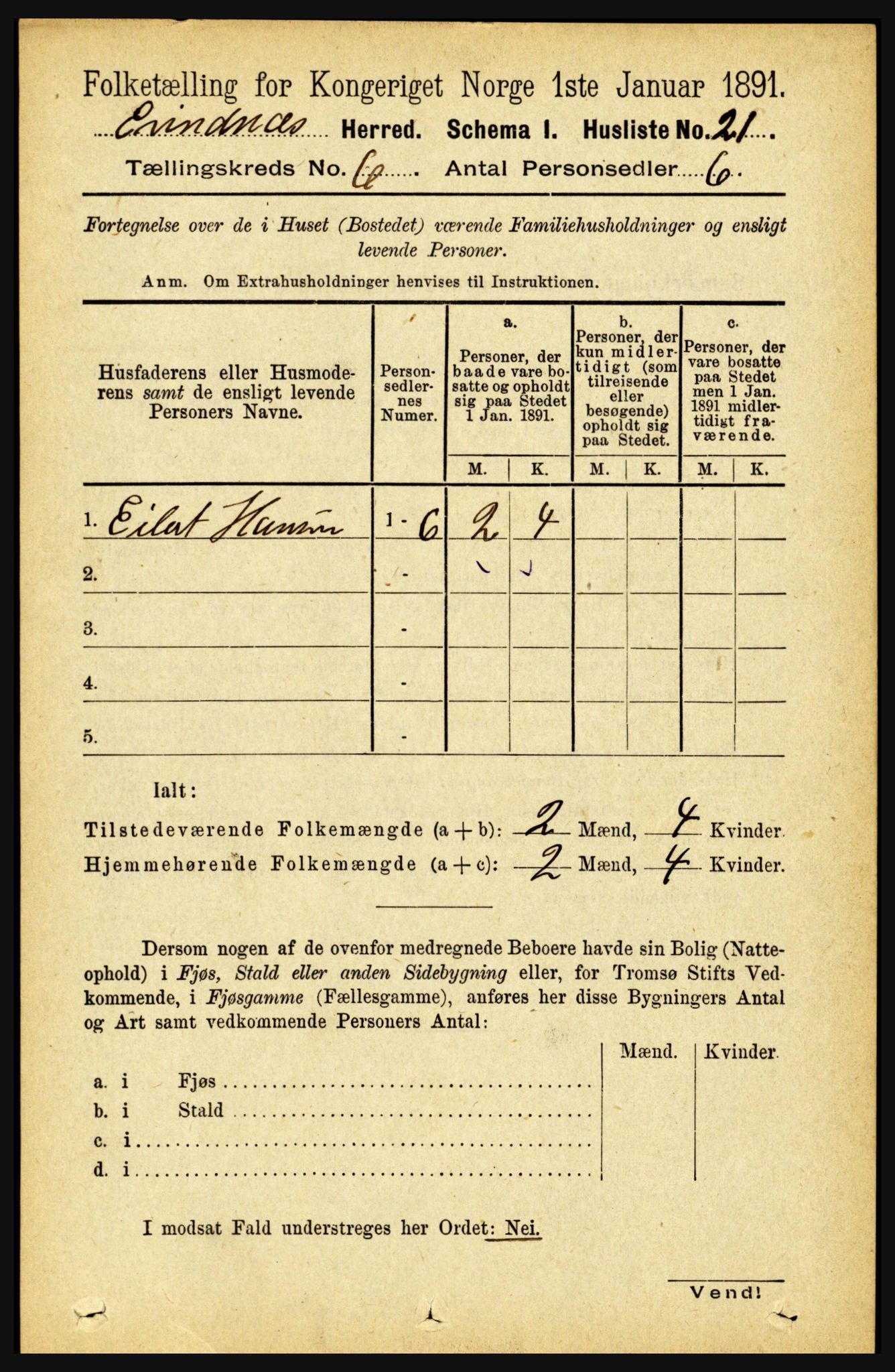 RA, 1891 census for 1853 Evenes, 1891, p. 1905