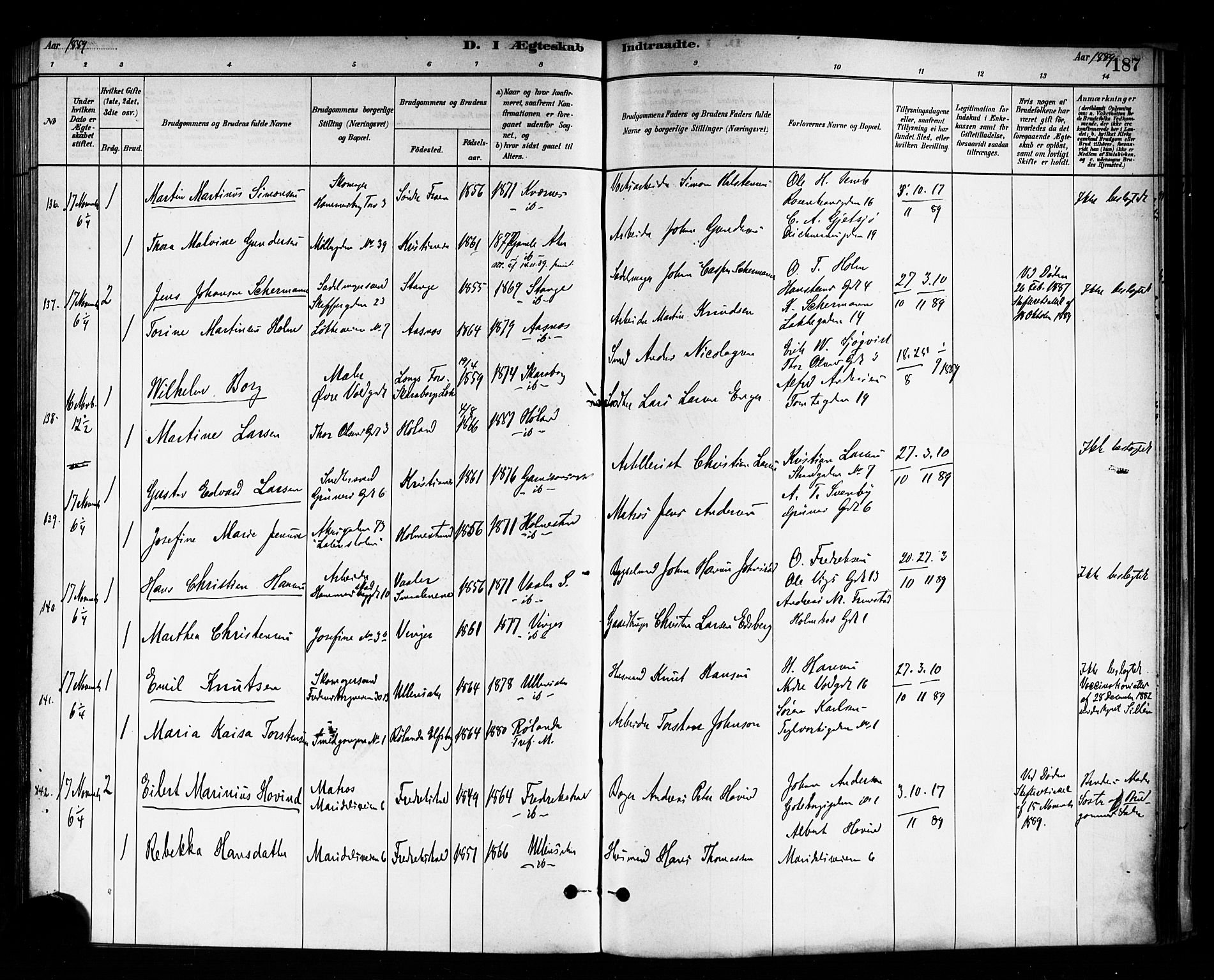 Trefoldighet prestekontor Kirkebøker, AV/SAO-A-10882/F/Fc/L0003: Parish register (official) no. III 3, 1881-1891, p. 187