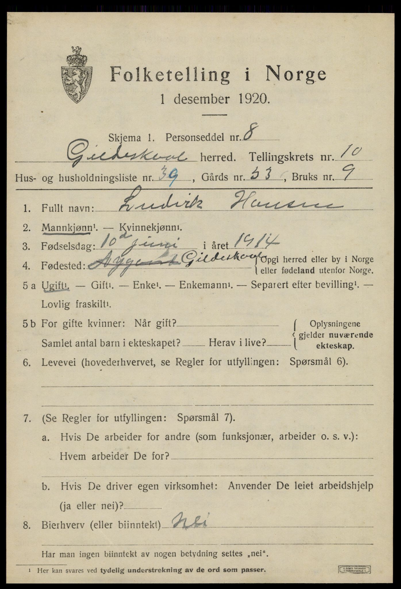 SAT, 1920 census for Gildeskål, 1920, p. 6602