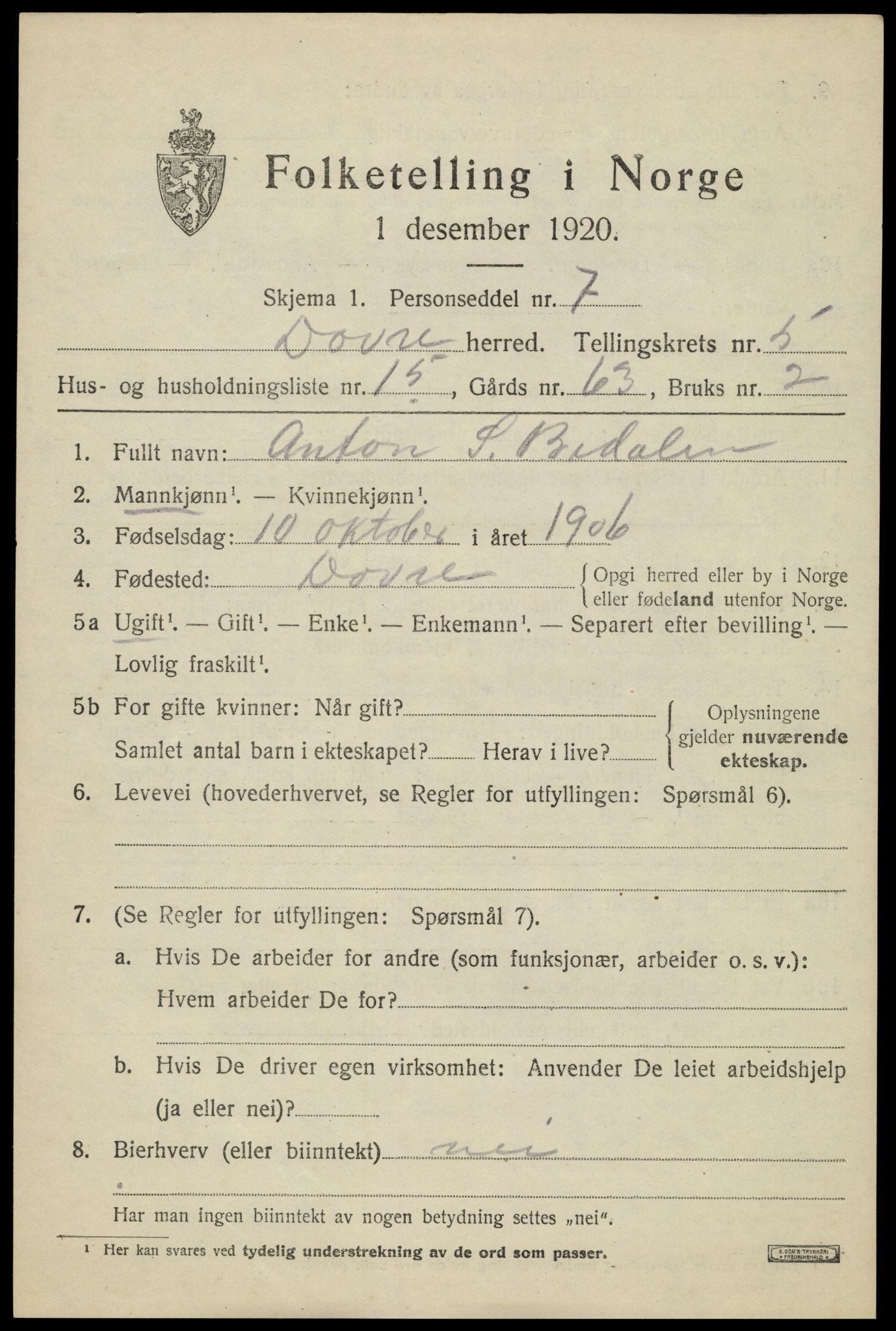 SAH, 1920 census for Dovre, 1920, p. 5400