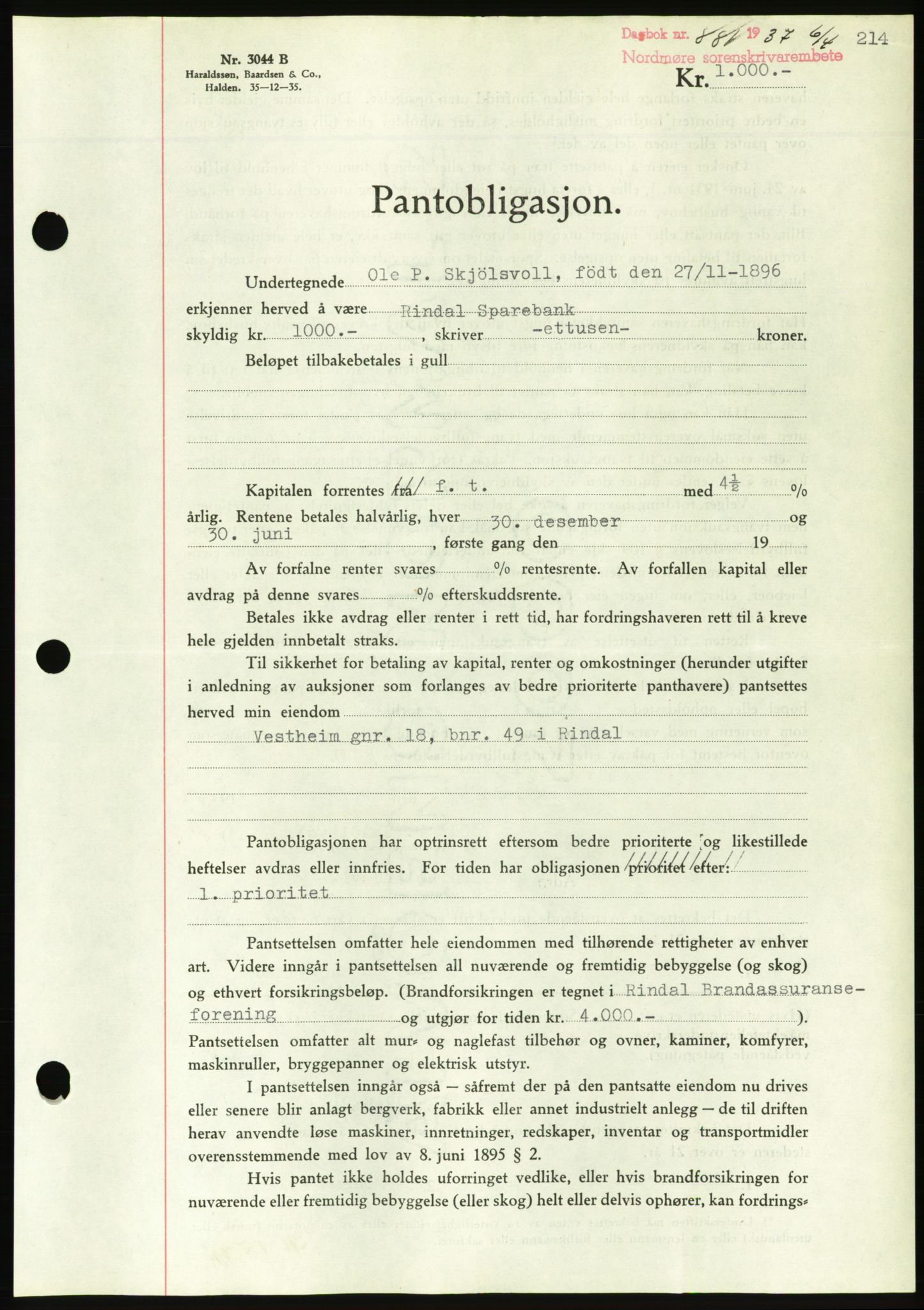 Nordmøre sorenskriveri, AV/SAT-A-4132/1/2/2Ca/L0091: Mortgage book no. B81, 1937-1937, Diary no: : 881/1937