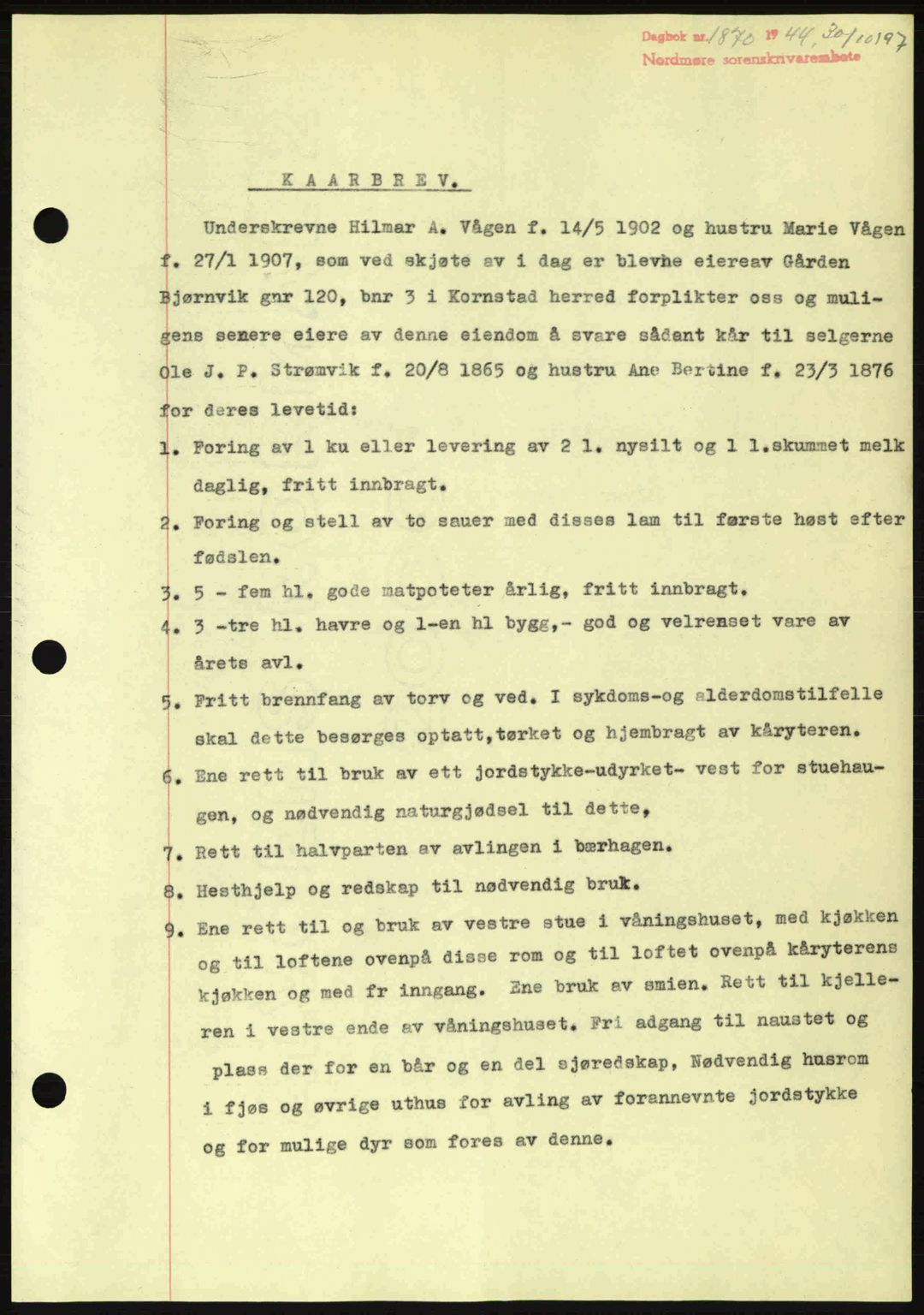 Nordmøre sorenskriveri, AV/SAT-A-4132/1/2/2Ca: Mortgage book no. B92, 1944-1945, Diary no: : 1870/1944