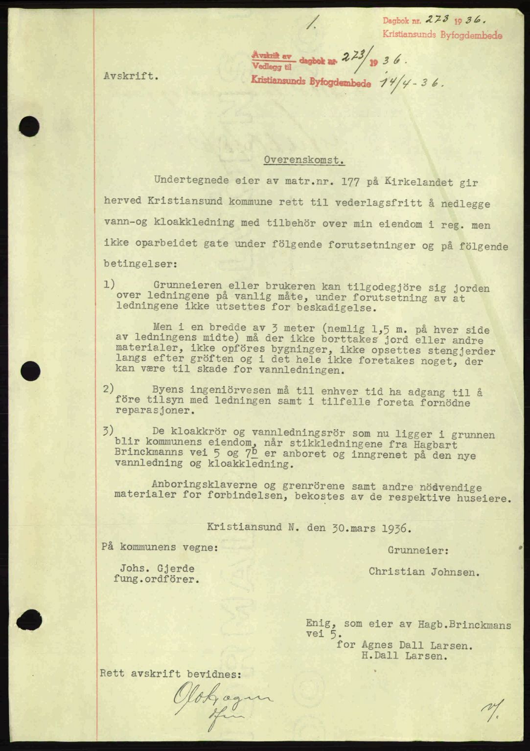 Kristiansund byfogd, AV/SAT-A-4587/A/27: Mortgage book no. 29, 1936-1937, Diary no: : 273/1936