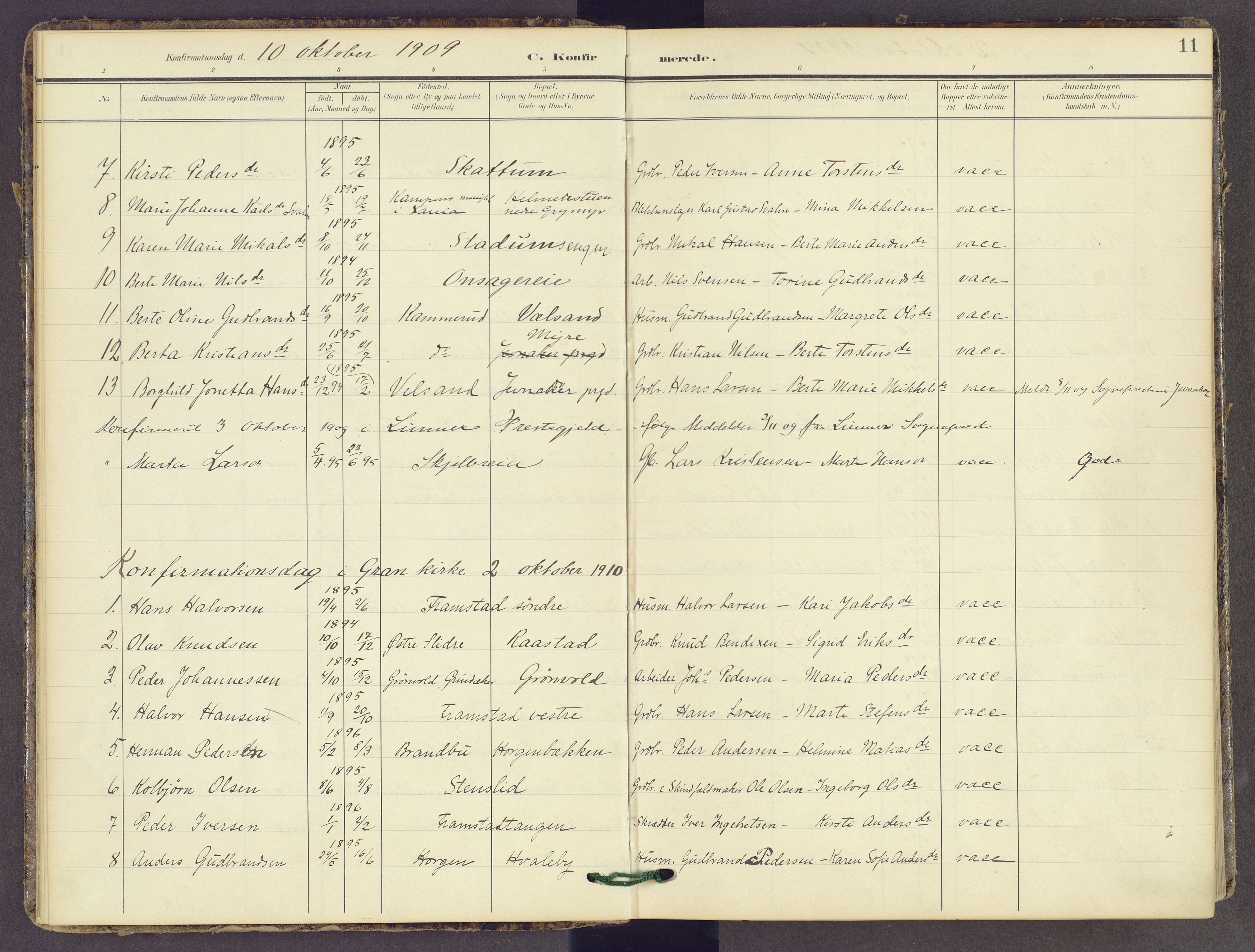 Gran prestekontor, SAH/PREST-112/H/Ha/Haa/L0022: Parish register (official) no. 22, 1908-1918, p. 11