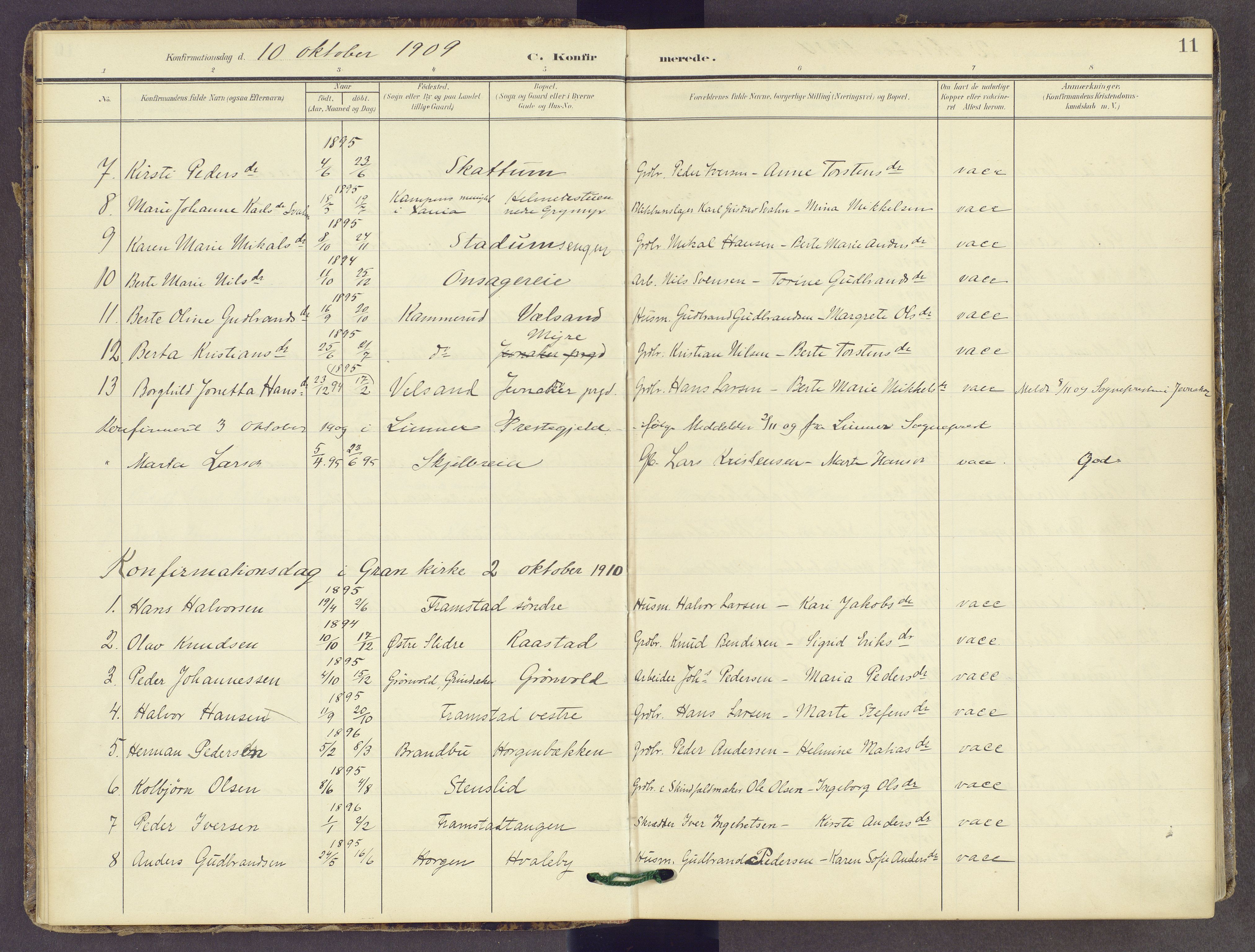 Gran prestekontor, AV/SAH-PREST-112/H/Ha/Haa/L0022: Parish register (official) no. 22, 1908-1918, p. 11