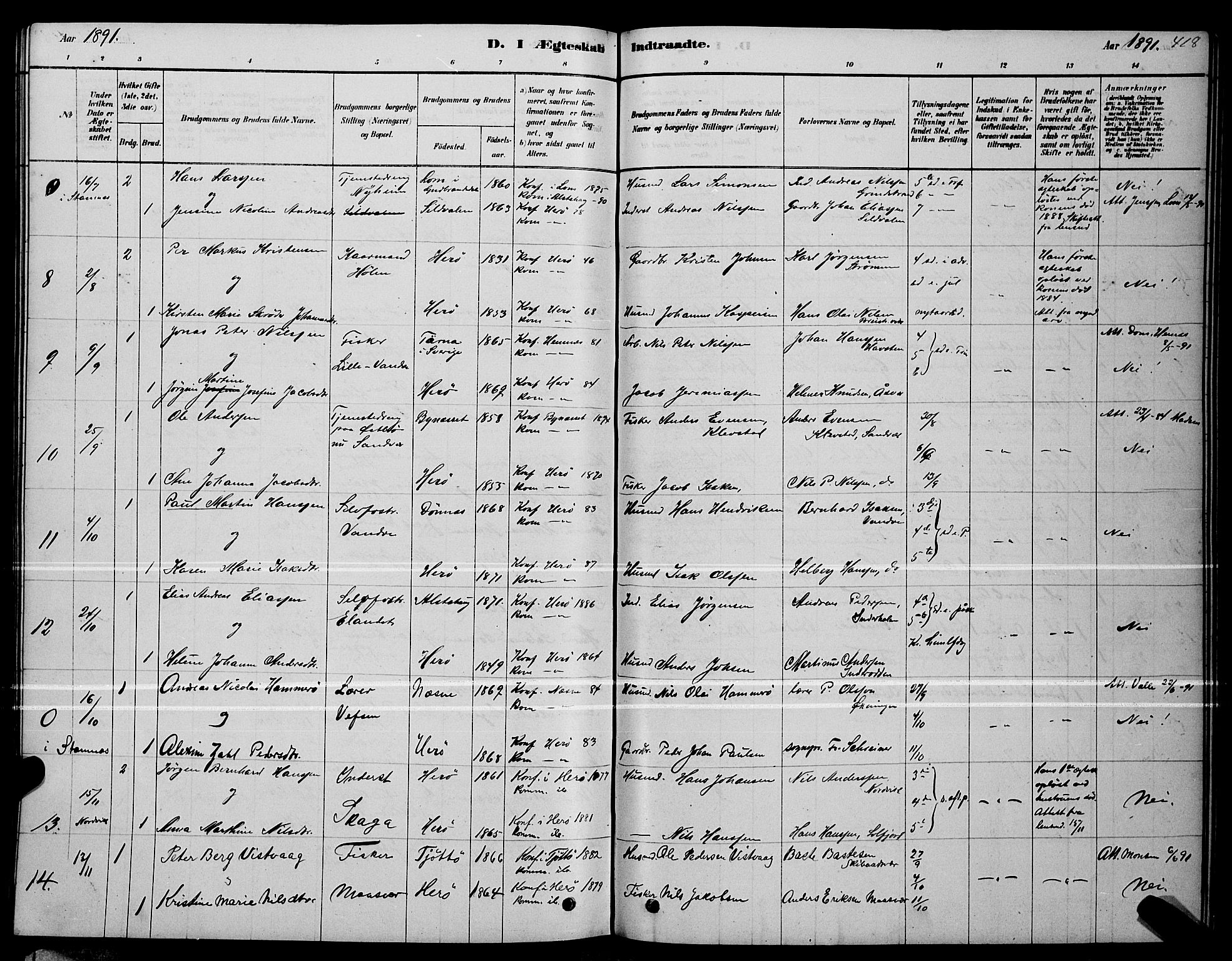 Ministerialprotokoller, klokkerbøker og fødselsregistre - Nordland, AV/SAT-A-1459/834/L0513: Parish register (copy) no. 834C04, 1877-1892, p. 418