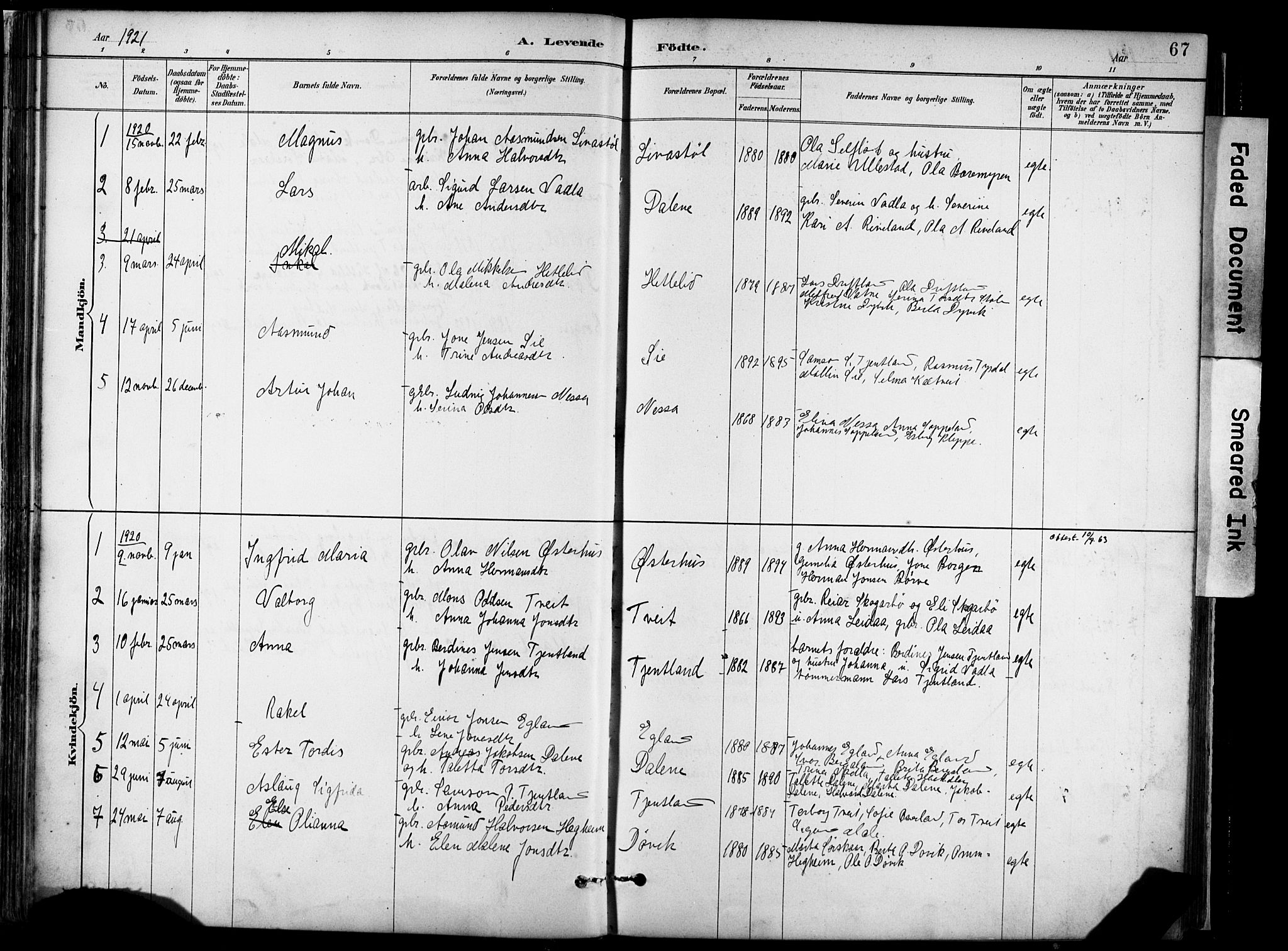 Hjelmeland sokneprestkontor, AV/SAST-A-101843/02/A/L0001: Parish register (official) no. A 16, 1887-1926, p. 67