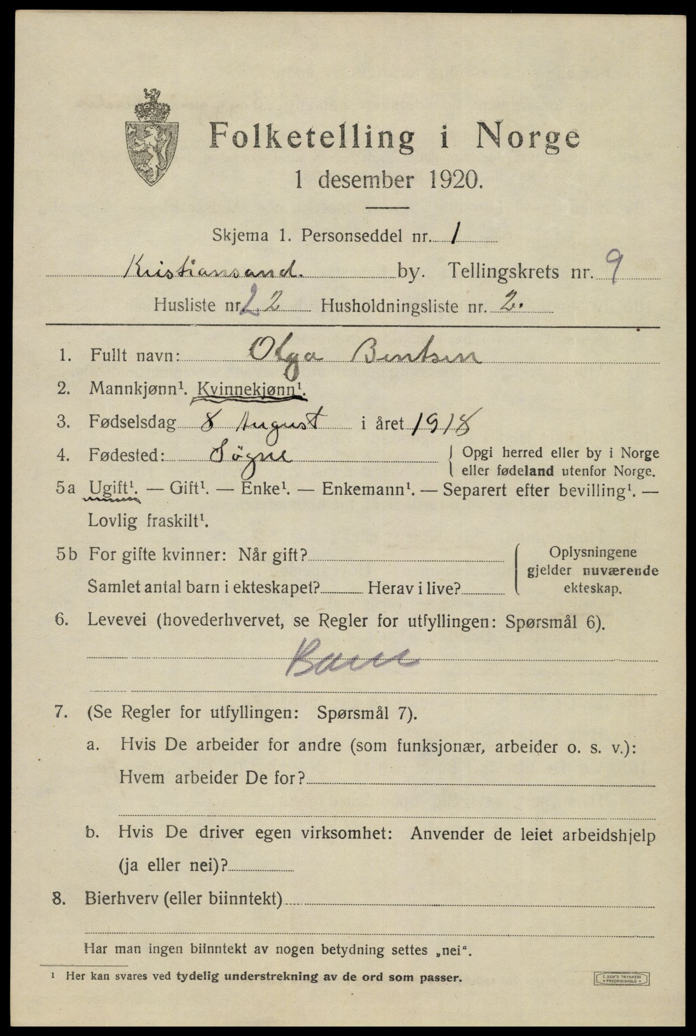 SAK, 1920 census for Kristiansand, 1920, p. 22909