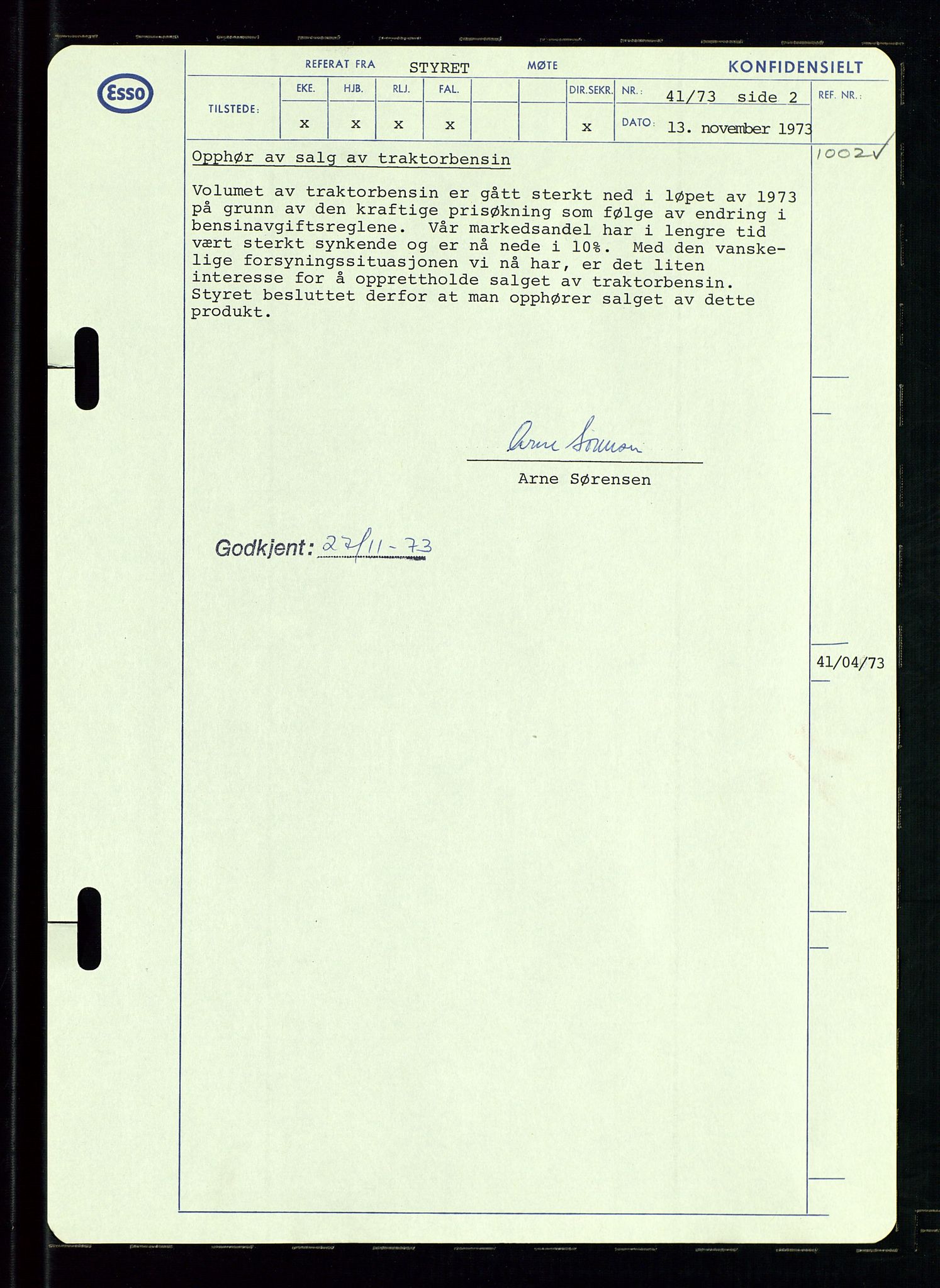 Pa 0982 - Esso Norge A/S, AV/SAST-A-100448/A/Aa/L0003/0002: Den administrerende direksjon Board minutes (styrereferater) og Bedriftforsamlingsprotokoll / Den administrerende direksjon Board minutes (styrereferater), 1970-1974, p. 45