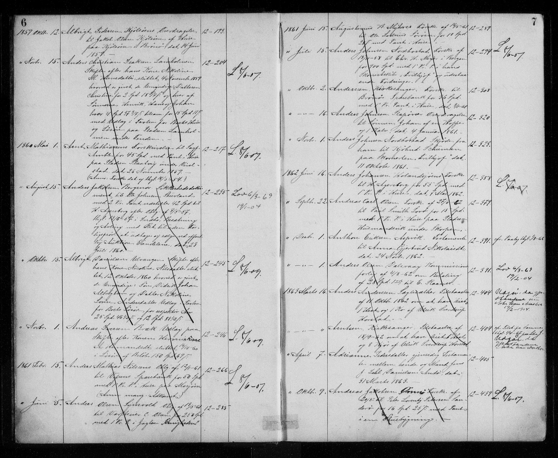 Søndre Helgeland sorenskriveri, SAT/A-4575/1/2/2B/L0003: Mortgage register no. 3, 1845-1905, p. 6-7