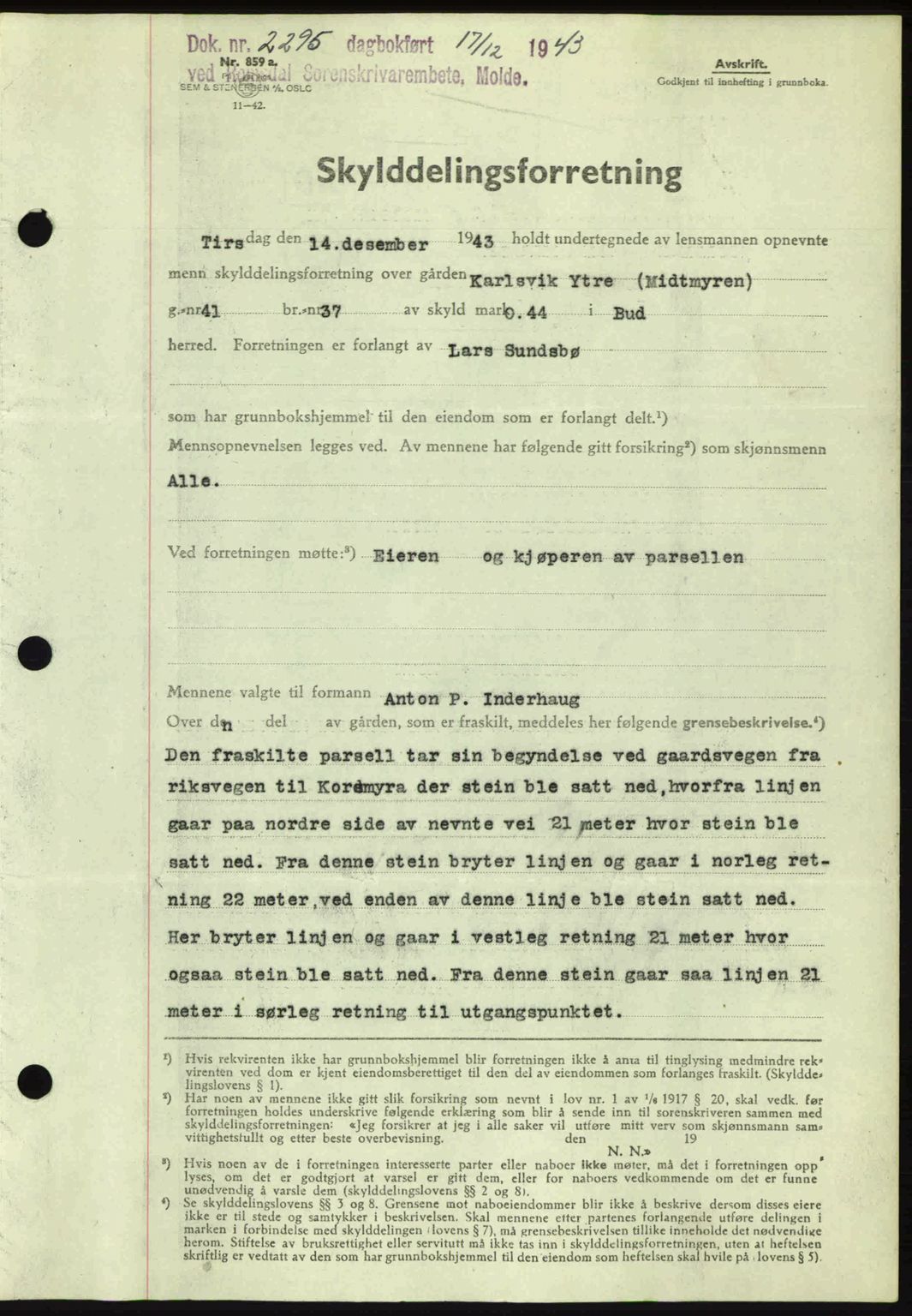 Romsdal sorenskriveri, AV/SAT-A-4149/1/2/2C: Mortgage book no. A15, 1943-1944, Diary no: : 2295/1943