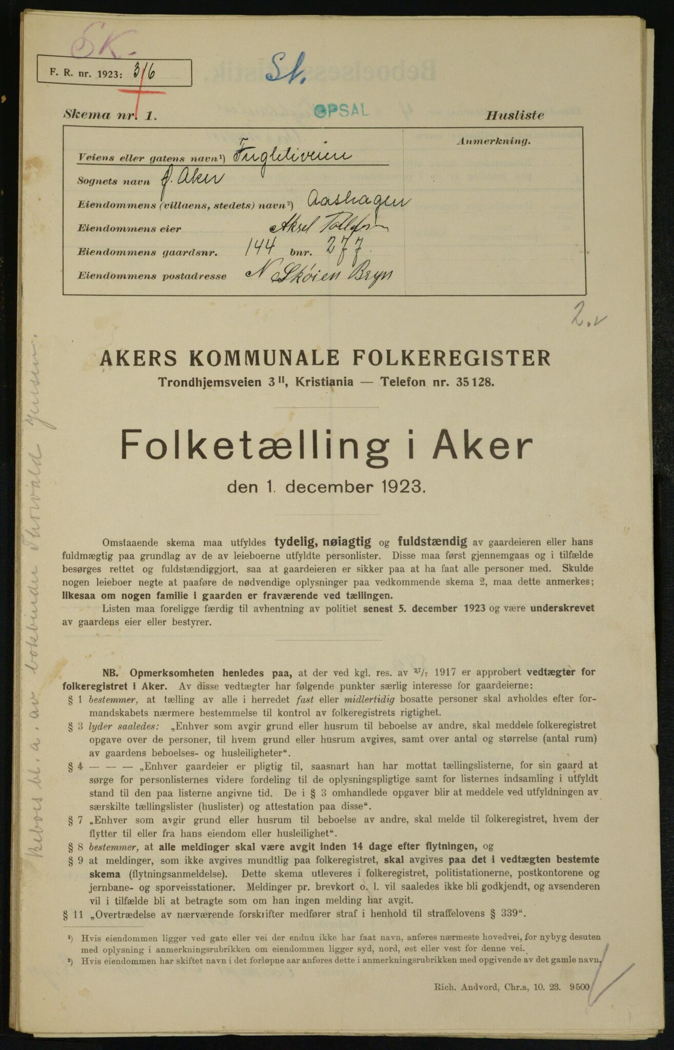 , Municipal Census 1923 for Aker, 1923, p. 24556