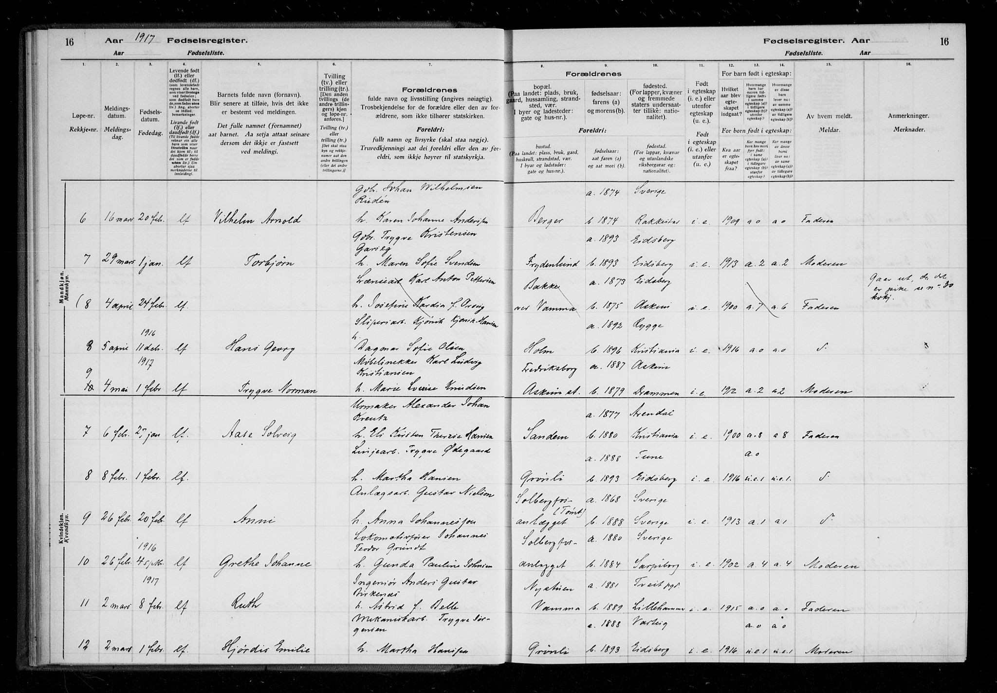 Askim prestekontor Kirkebøker, AV/SAO-A-10900/J/Ja/L0001: Birth register no. 1, 1916-1929, p. 16