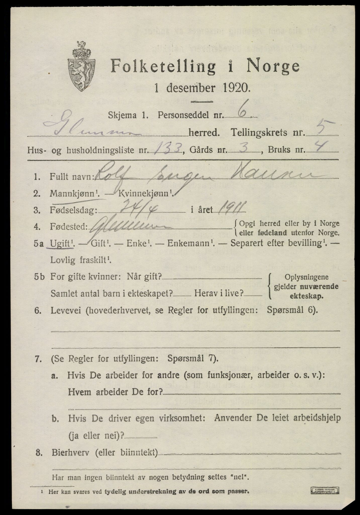 SAO, 1920 census for Glemmen, 1920, p. 18543