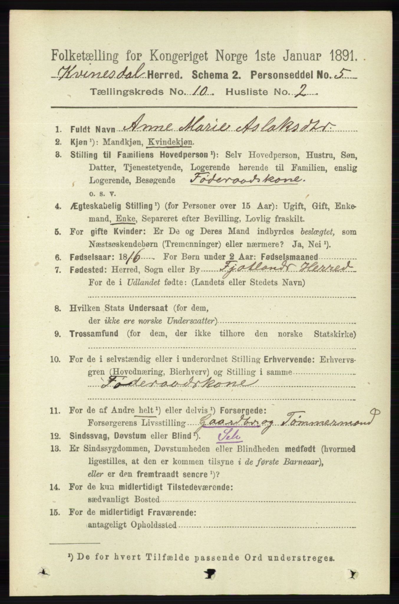 RA, 1891 census for 1037 Kvinesdal, 1891, p. 3866