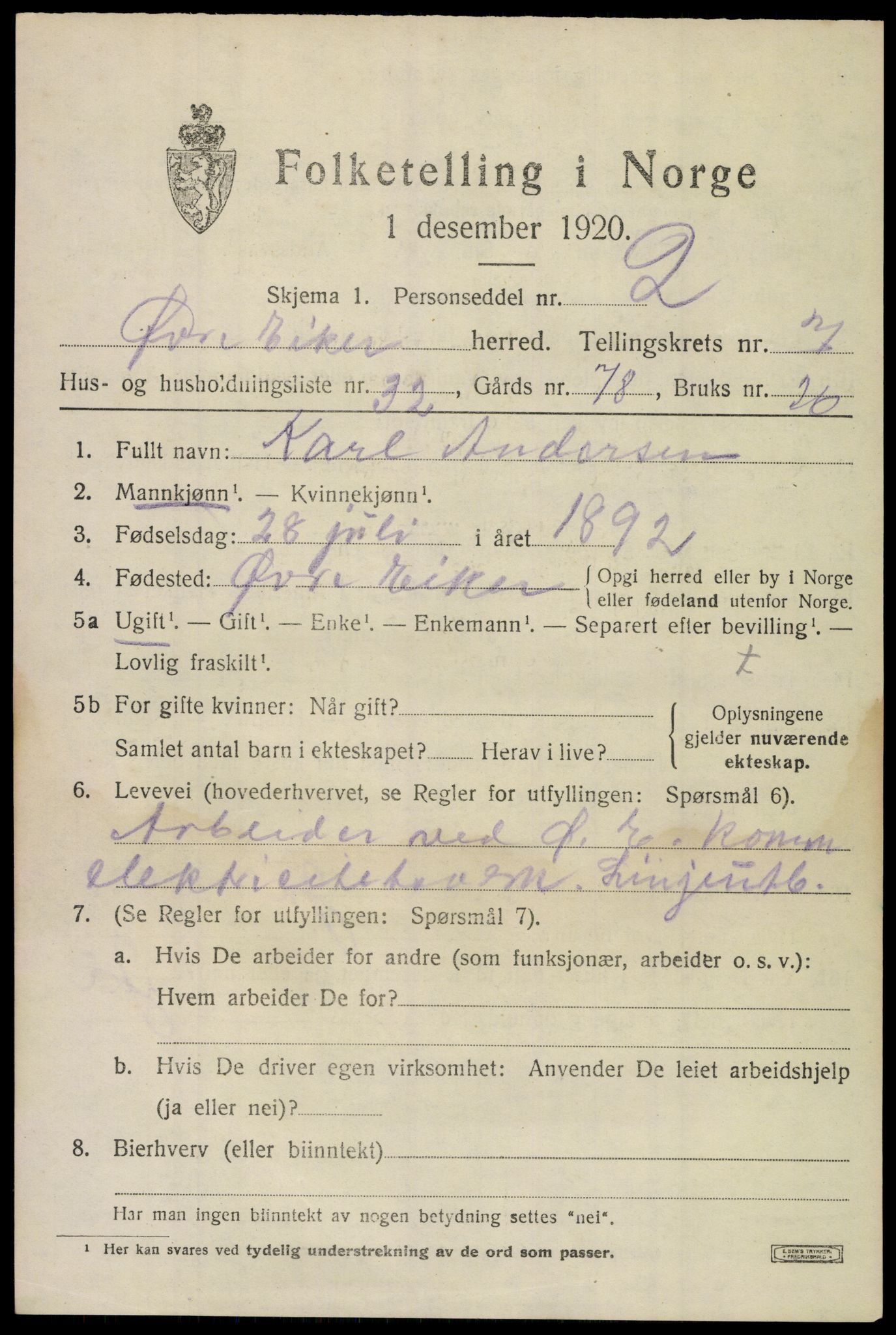 SAKO, 1920 census for Øvre Eiker, 1920, p. 13634