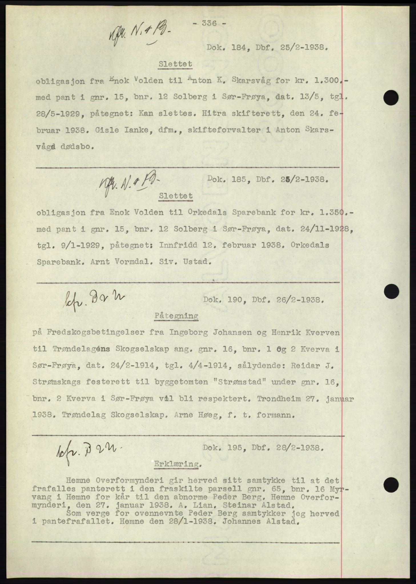 Hitra sorenskriveri, AV/SAT-A-0018/2/2C/2Ca: Mortgage book no. C1, 1936-1945, Diary no: : 184/1938