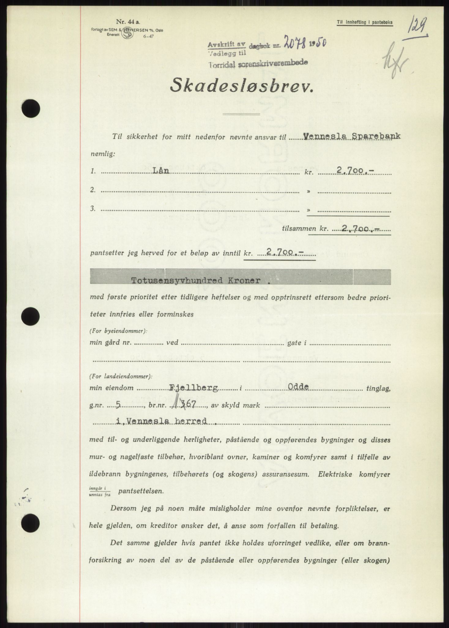 Torridal sorenskriveri, AV/SAK-1221-0012/G/Gb/Gbb/L0020: Mortgage book no. 63B, 1950-1950, Diary no: : 2078/1950