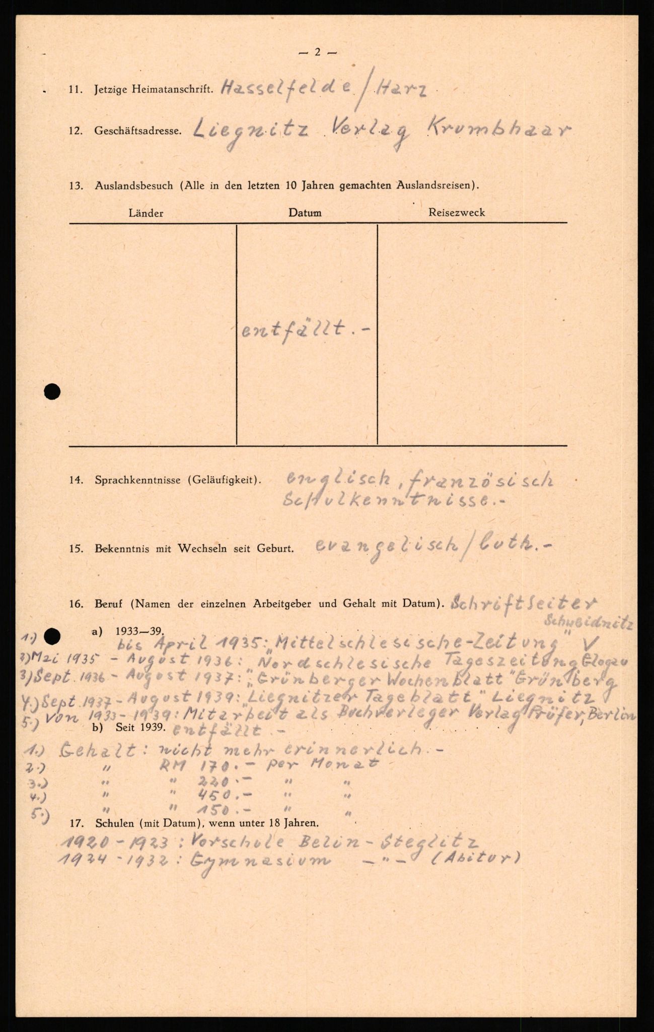 Forsvaret, Forsvarets overkommando II, AV/RA-RAFA-3915/D/Db/L0026: CI Questionaires. Tyske okkupasjonsstyrker i Norge. Tyskere., 1945-1946, p. 403