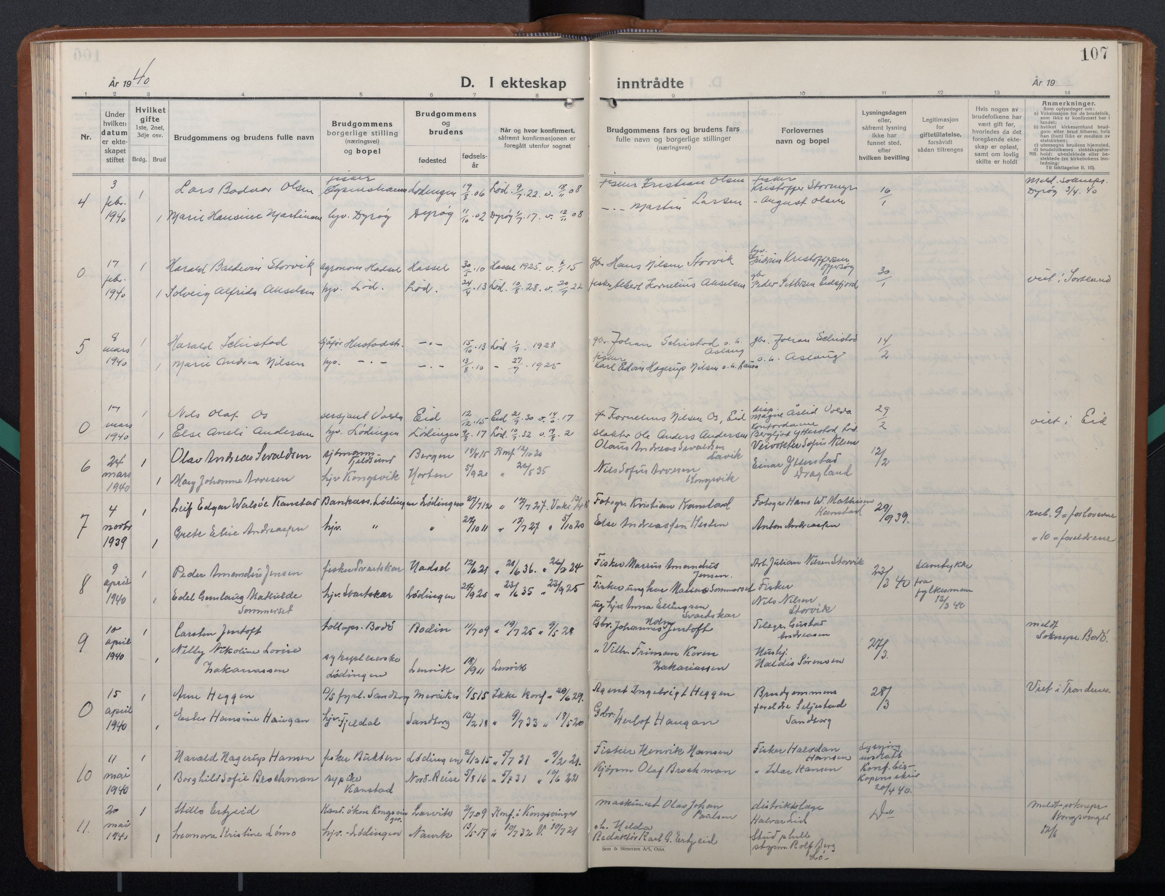 Ministerialprotokoller, klokkerbøker og fødselsregistre - Nordland, AV/SAT-A-1459/872/L1051: Parish register (copy) no. 872C07, 1939-1947, p. 107