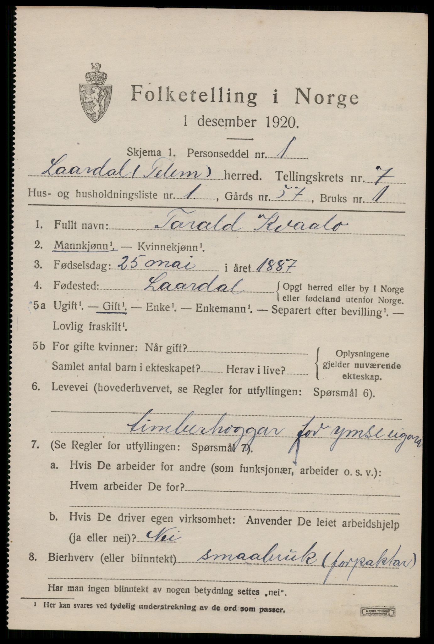 SAKO, 1920 census for Lårdal, 1920, p. 2639