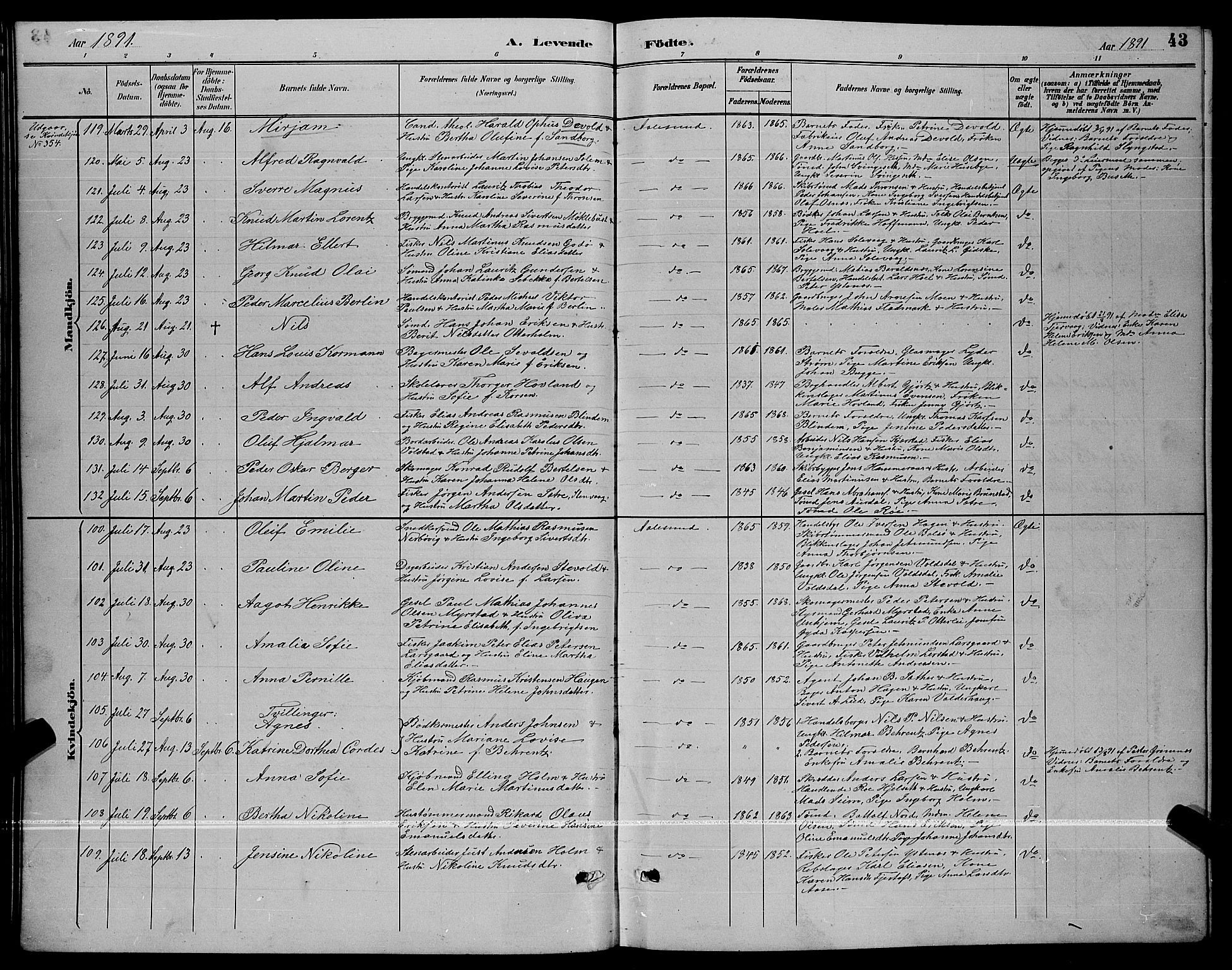 Ministerialprotokoller, klokkerbøker og fødselsregistre - Møre og Romsdal, SAT/A-1454/529/L0467: Parish register (copy) no. 529C04, 1889-1897, p. 43