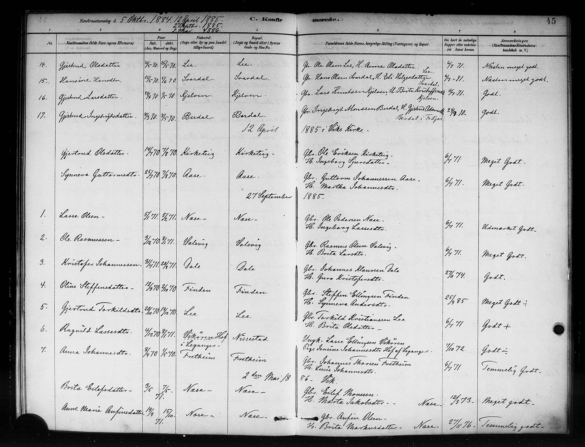 Vik sokneprestembete, AV/SAB-A-81501/H/Haa/Haac/L0001: Parish register (official) no. C 1, 1878-1890, p. 45