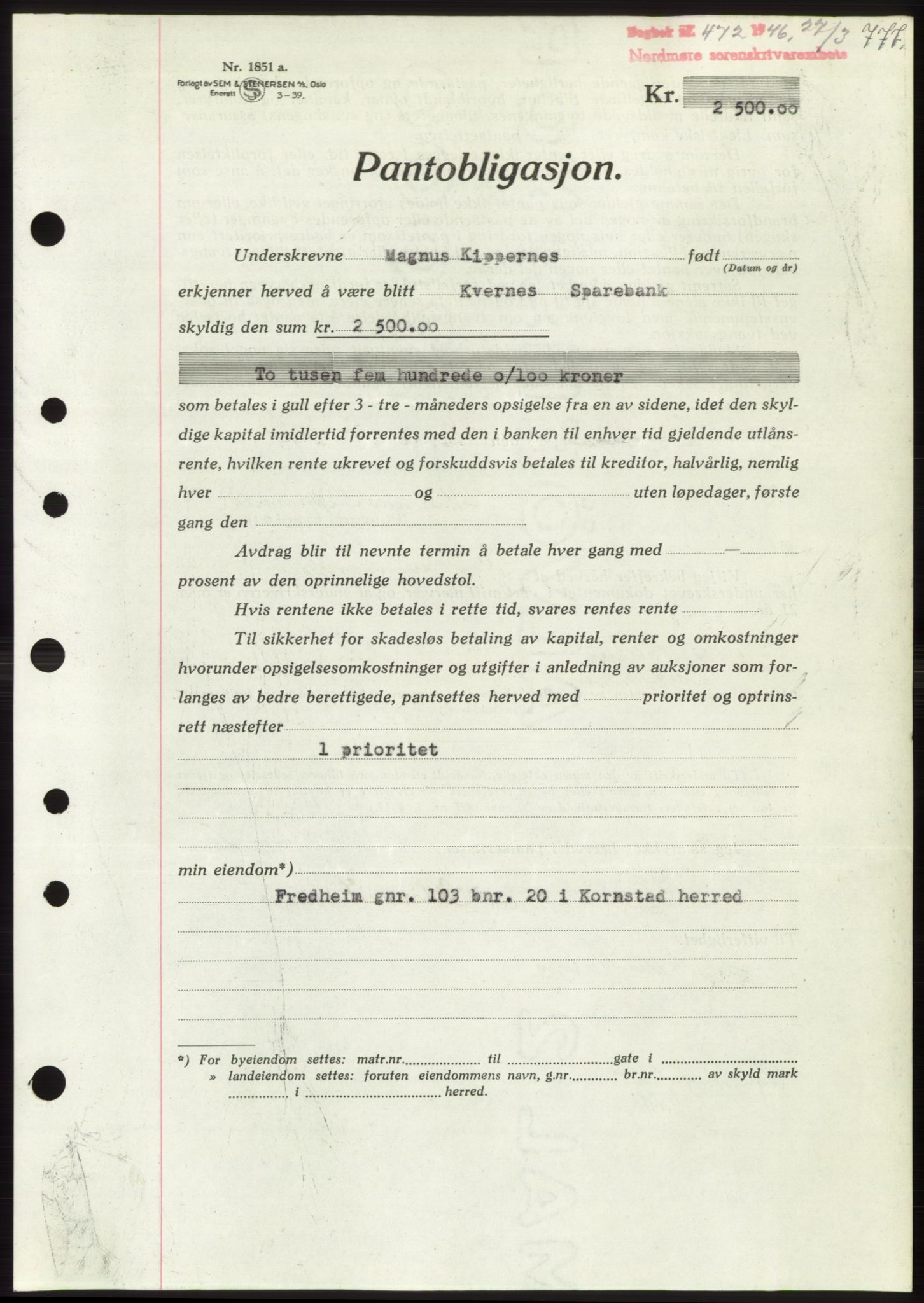 Nordmøre sorenskriveri, AV/SAT-A-4132/1/2/2Ca: Mortgage book no. B93b, 1946-1946, Diary no: : 472/1946