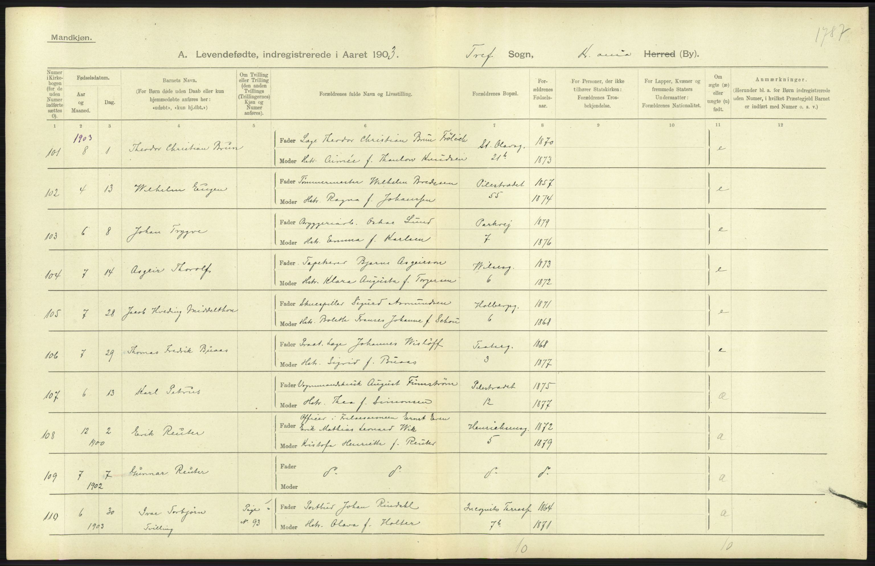 Statistisk sentralbyrå, Sosiodemografiske emner, Befolkning, AV/RA-S-2228/D/Df/Dfa/Dfaa/L0003: Kristiania: Fødte, 1903, p. 241