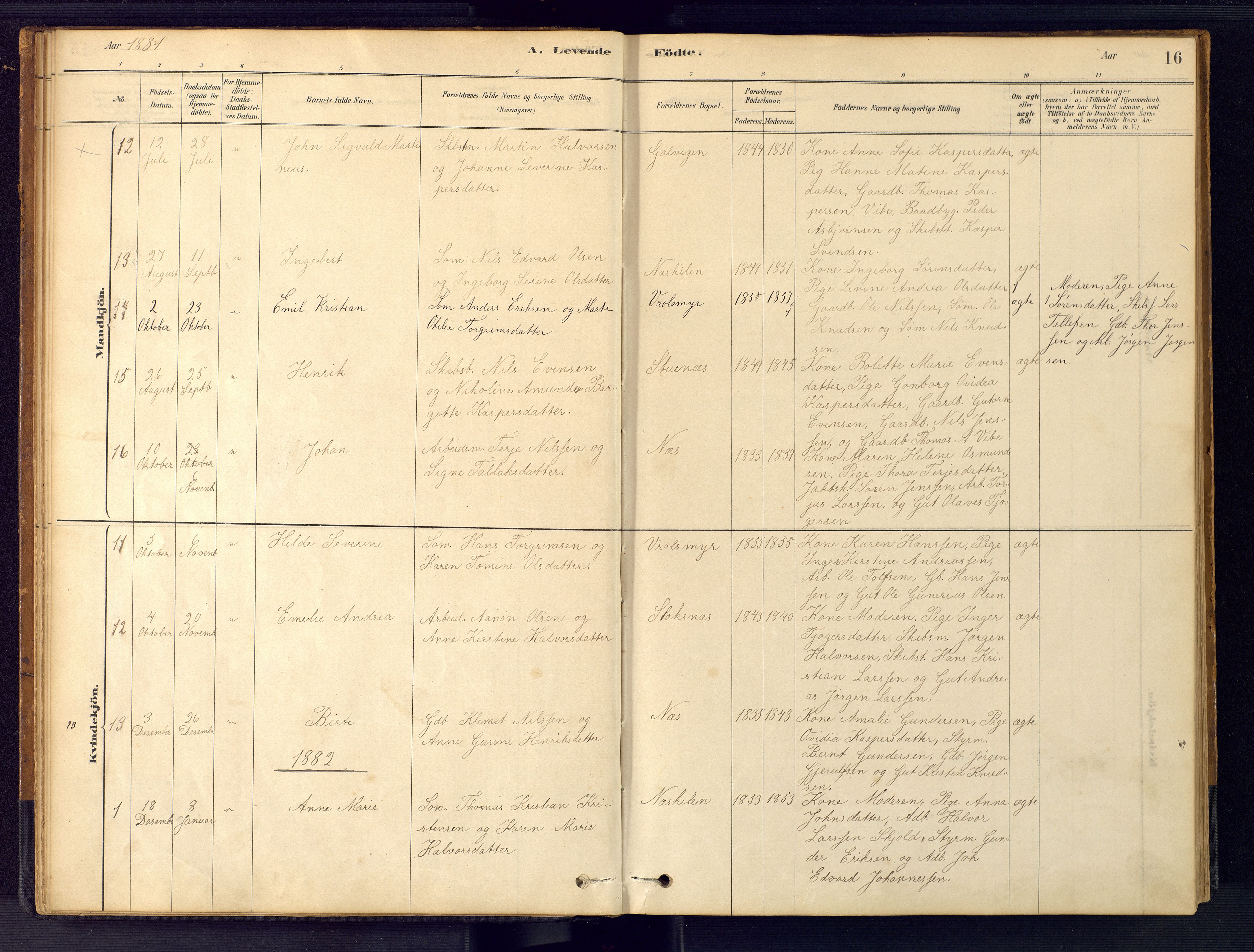 Austre Moland sokneprestkontor, AV/SAK-1111-0001/F/Fb/Fbb/L0001: Parish register (copy) no. B 1, 1878-1904, p. 16