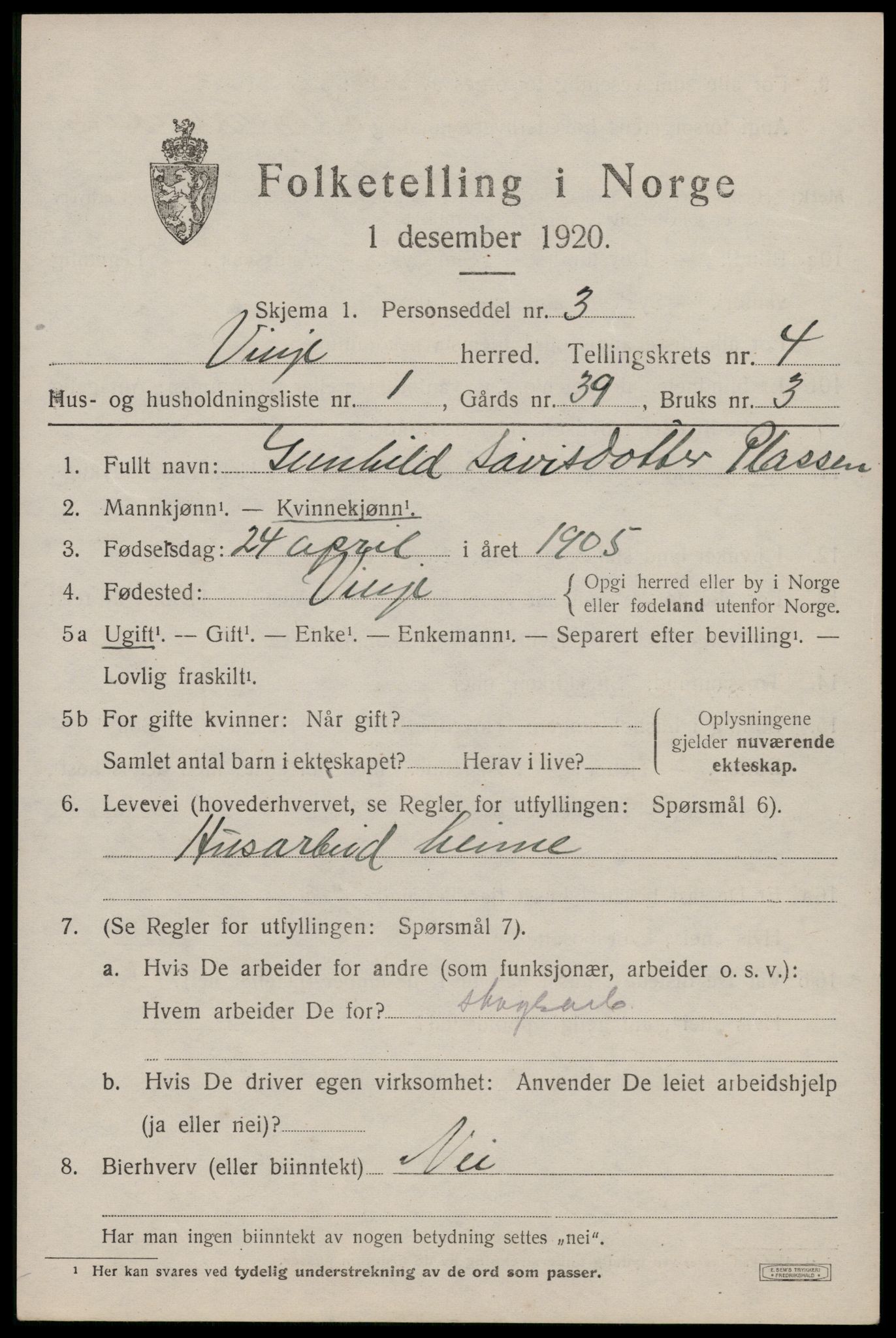 SAKO, 1920 census for Vinje, 1920, p. 1257