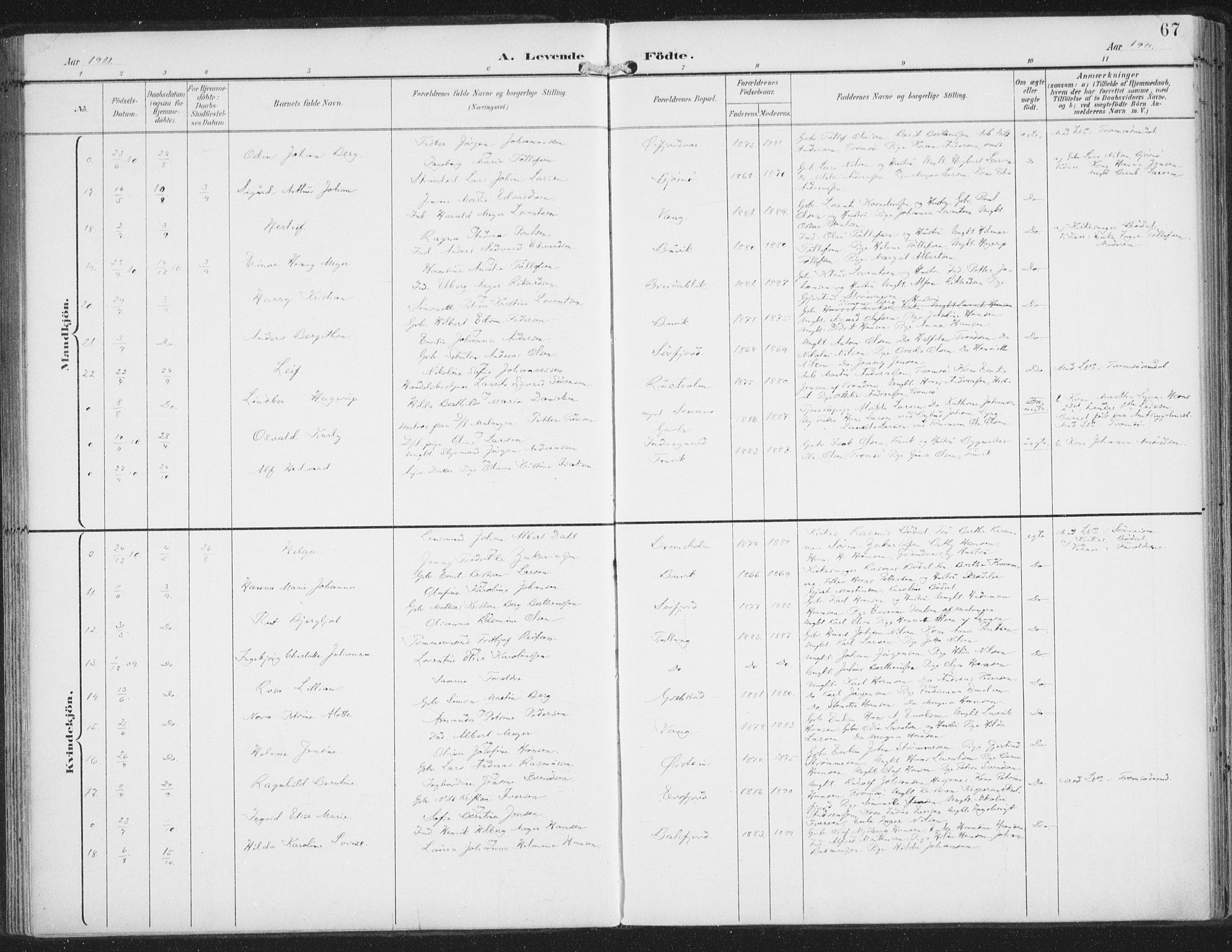Lenvik sokneprestembete, SATØ/S-1310/H/Ha/Haa/L0015kirke: Parish register (official) no. 15, 1896-1915, p. 67