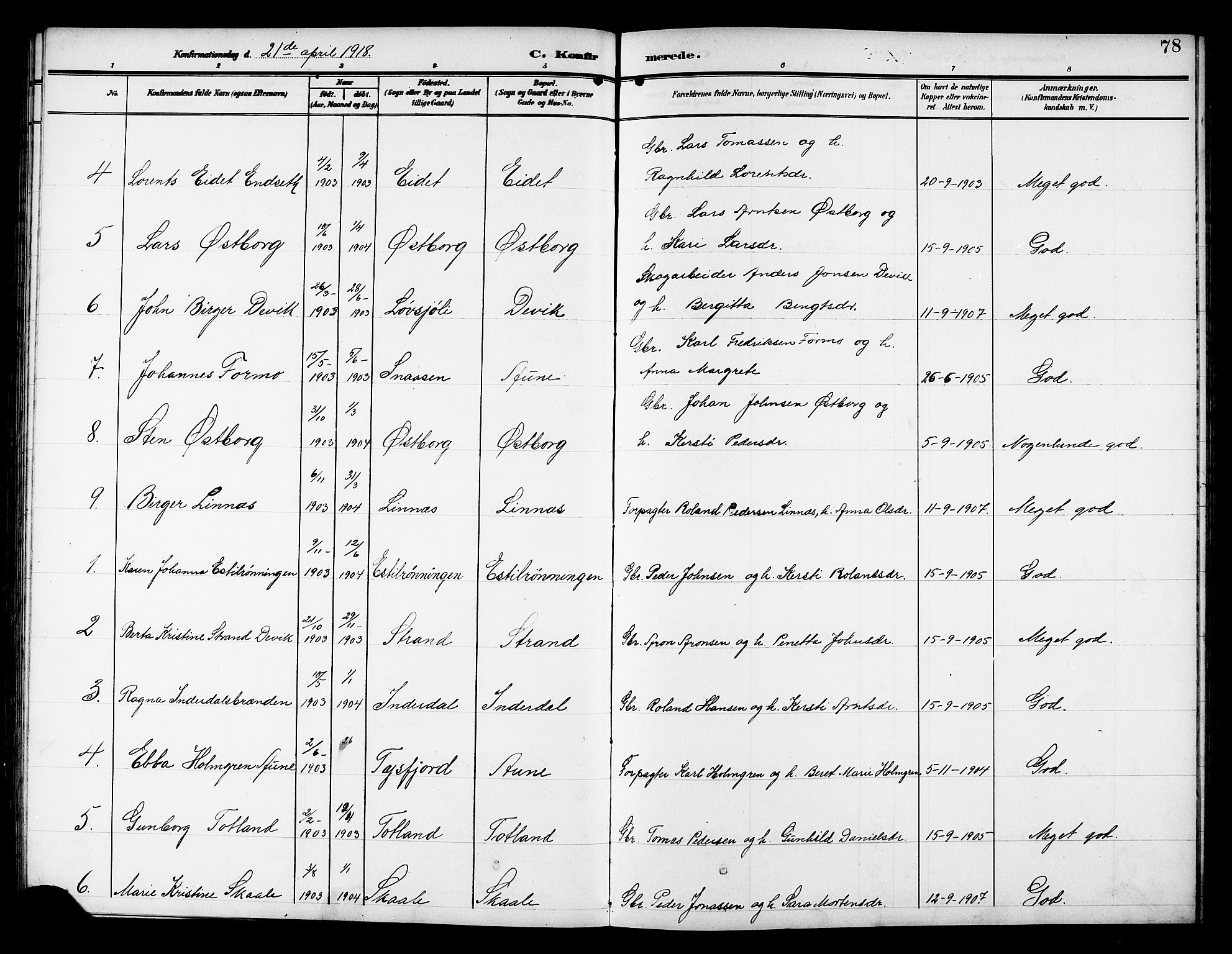 Ministerialprotokoller, klokkerbøker og fødselsregistre - Nord-Trøndelag, AV/SAT-A-1458/757/L0506: Parish register (copy) no. 757C01, 1904-1922, p. 78