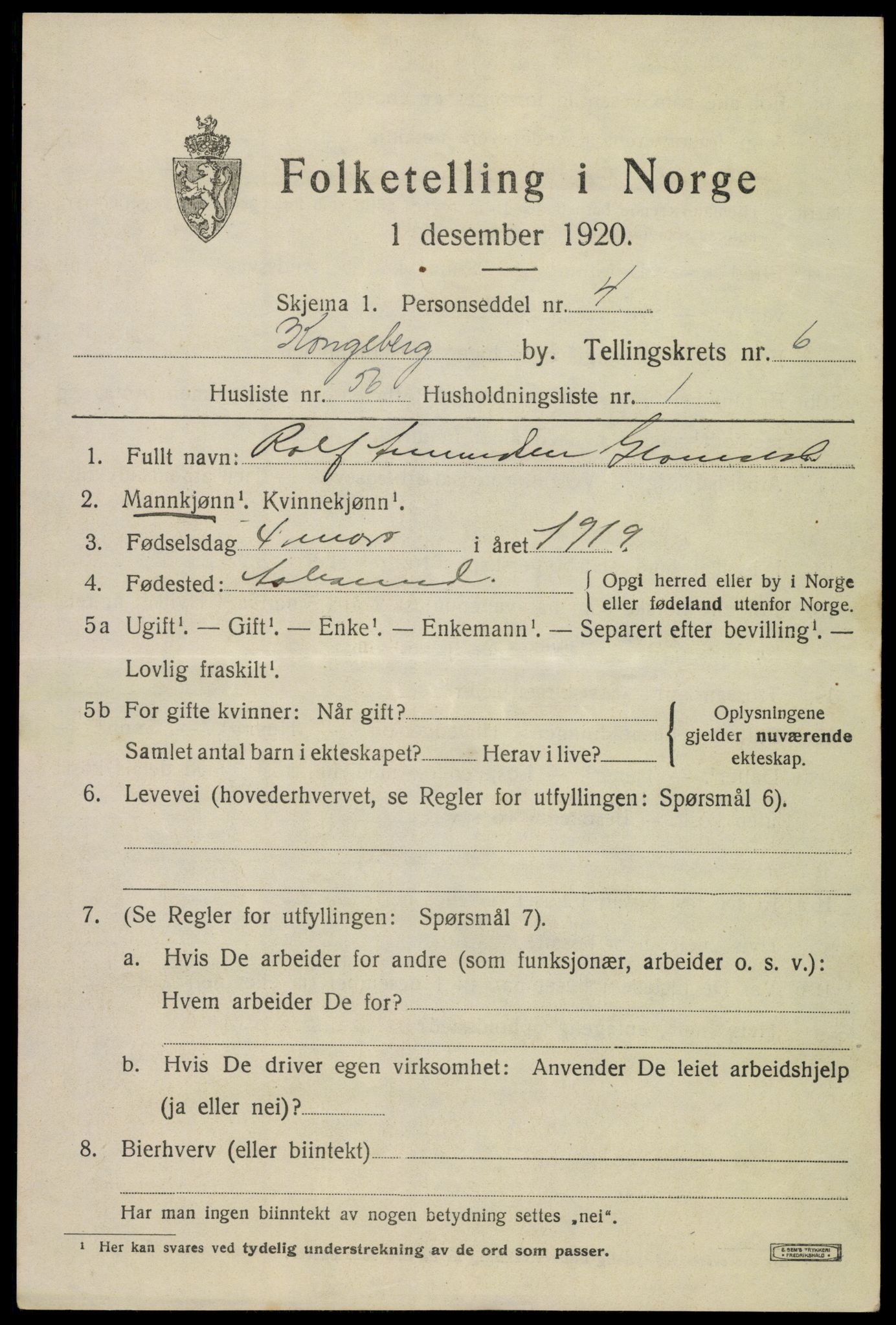 SAKO, 1920 census for Kongsberg, 1920, p. 14136