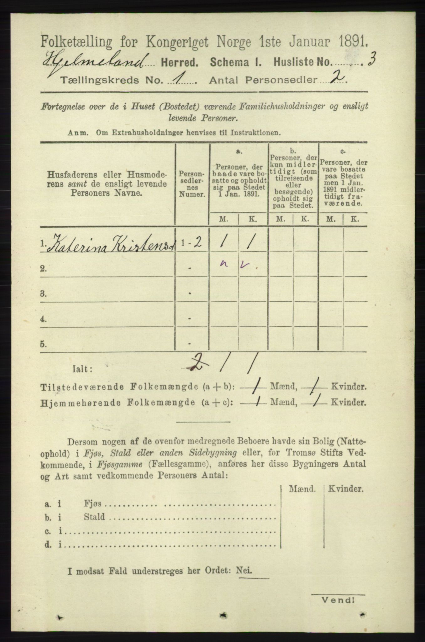 RA, 1891 census for 1133 Hjelmeland, 1891, p. 25