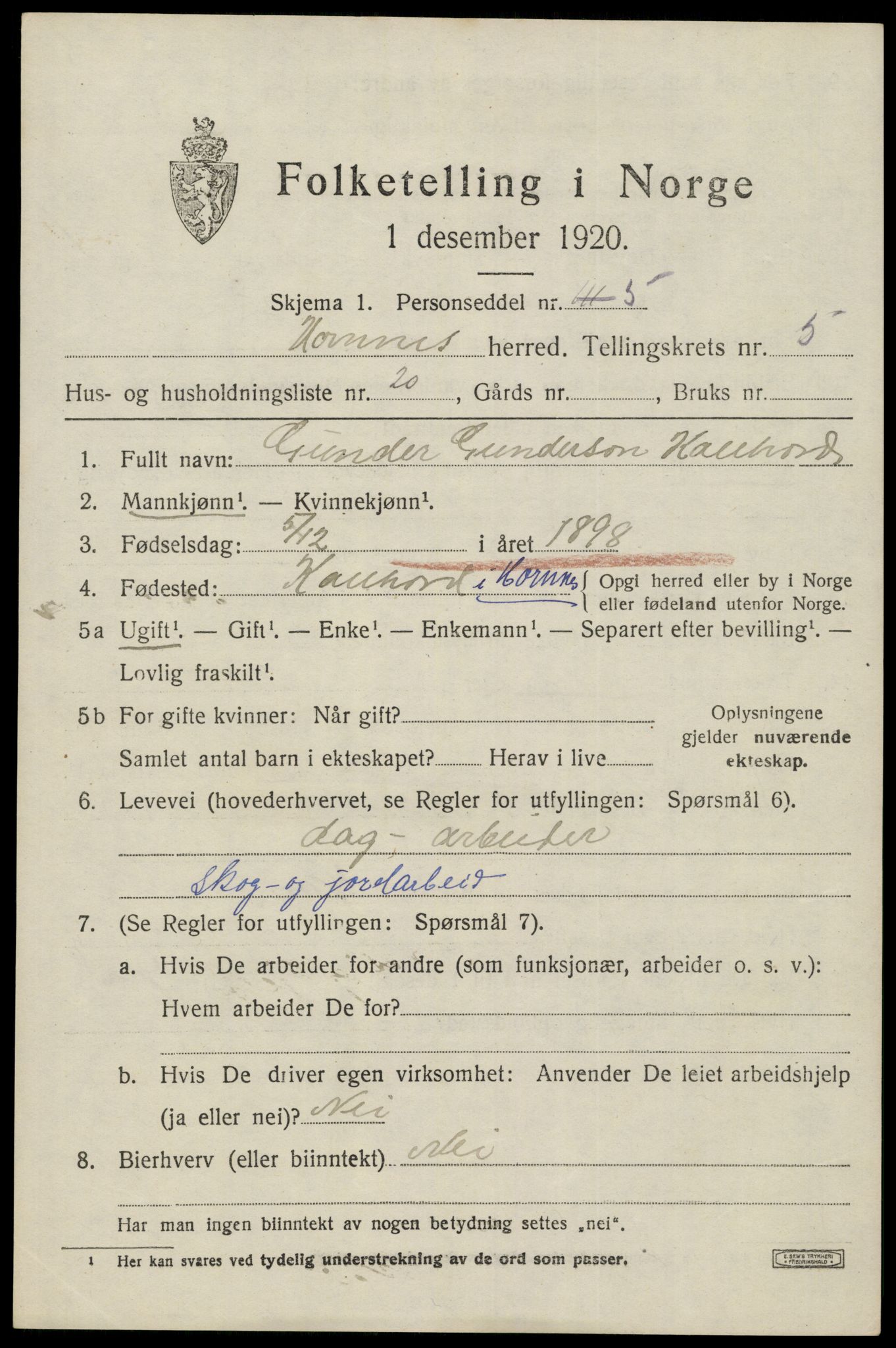 SAK, 1920 census for Hornnes, 1920, p. 1555