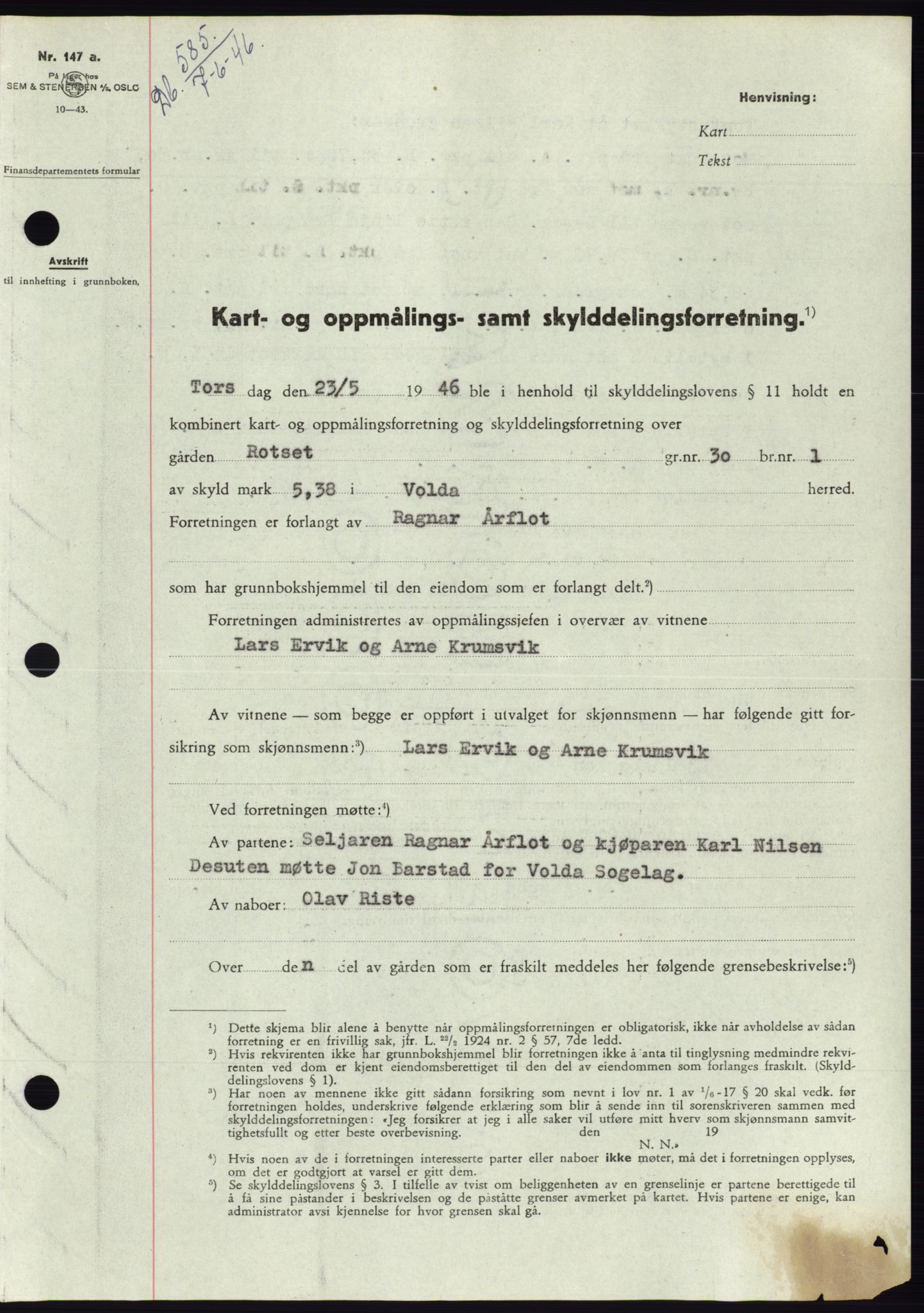 Søre Sunnmøre sorenskriveri, AV/SAT-A-4122/1/2/2C/L0078: Mortgage book no. 4A, 1946-1946, Diary no: : 585/1946