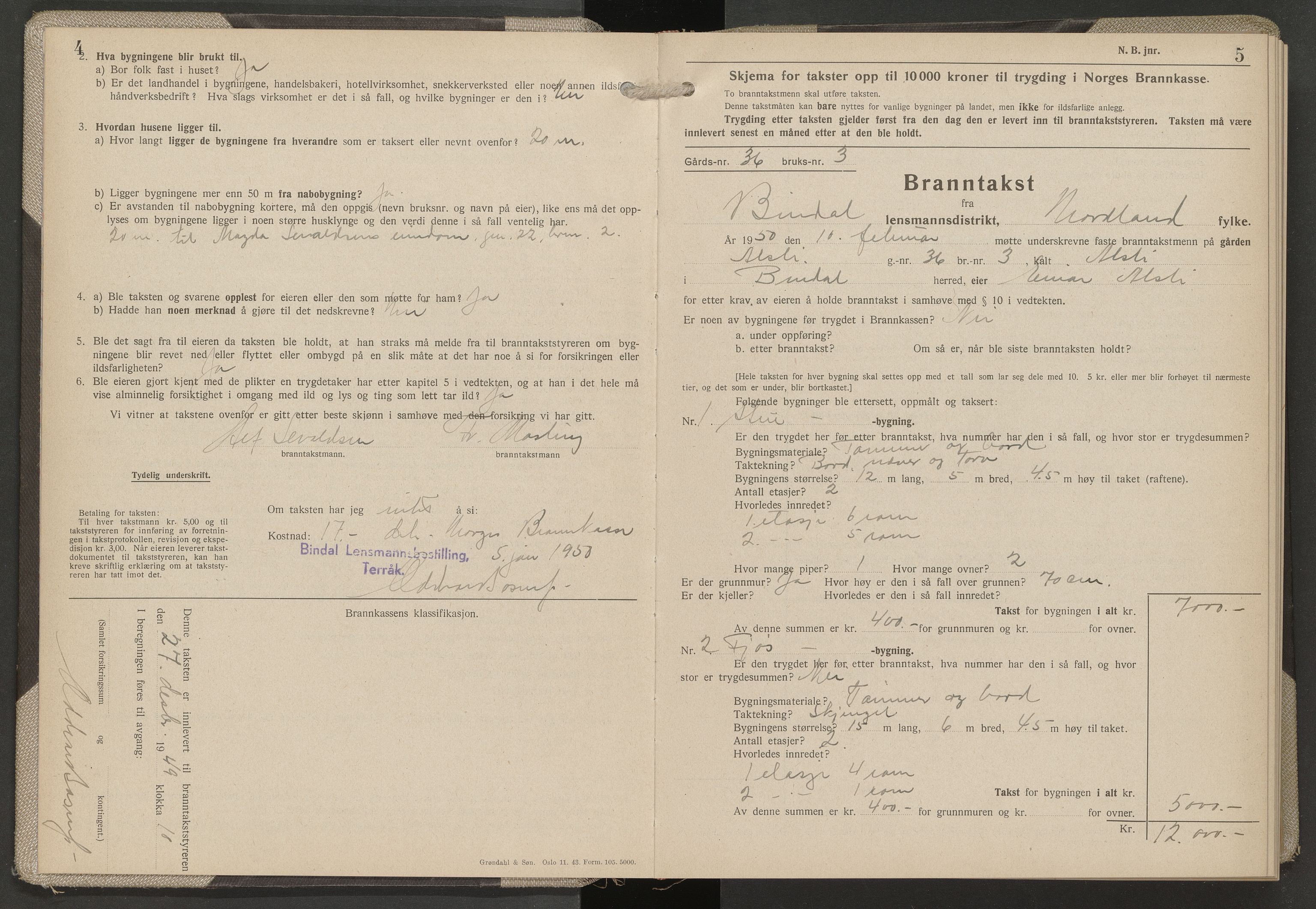 Norges Brannkasse Bindal, AV/SAT-A-5559/Fb/L0007: Branntakstprotokoll, 1949-1959