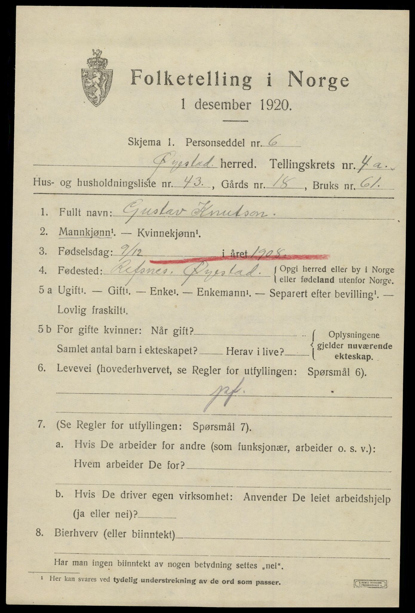 SAK, 1920 census for Øyestad, 1920, p. 3600