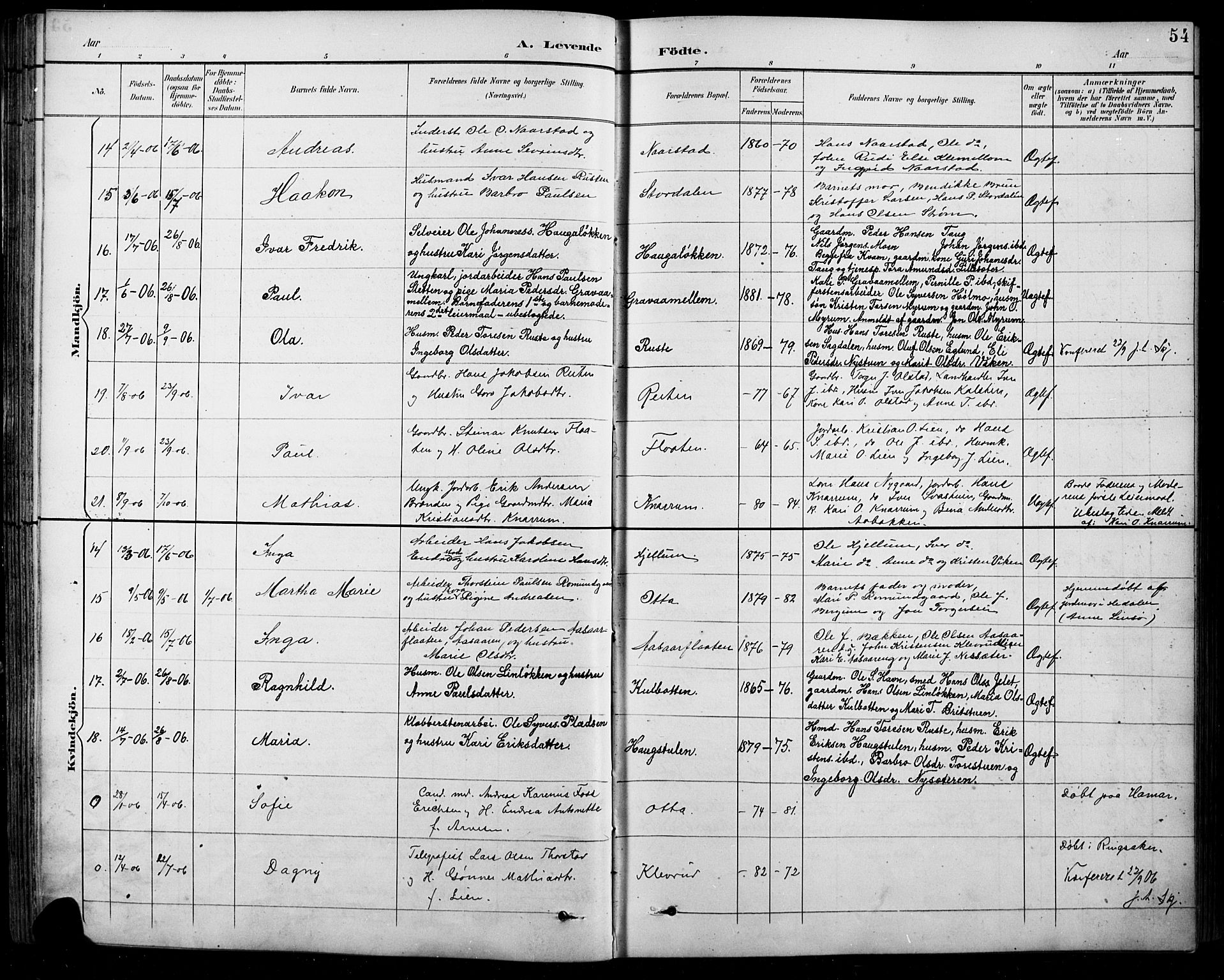 Sel prestekontor, SAH/PREST-074/H/Ha/Hab/L0001: Parish register (copy) no. 1, 1894-1923, p. 54