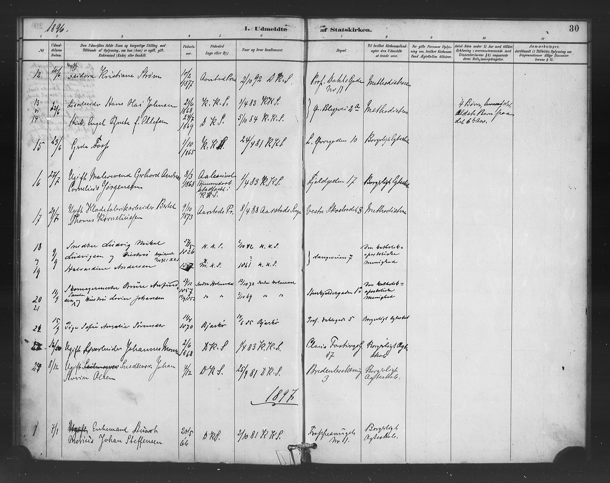Korskirken sokneprestembete, SAB/A-76101/H/Haa/L0052: Parish register (official) no. G 2, 1887-1899, p. 30