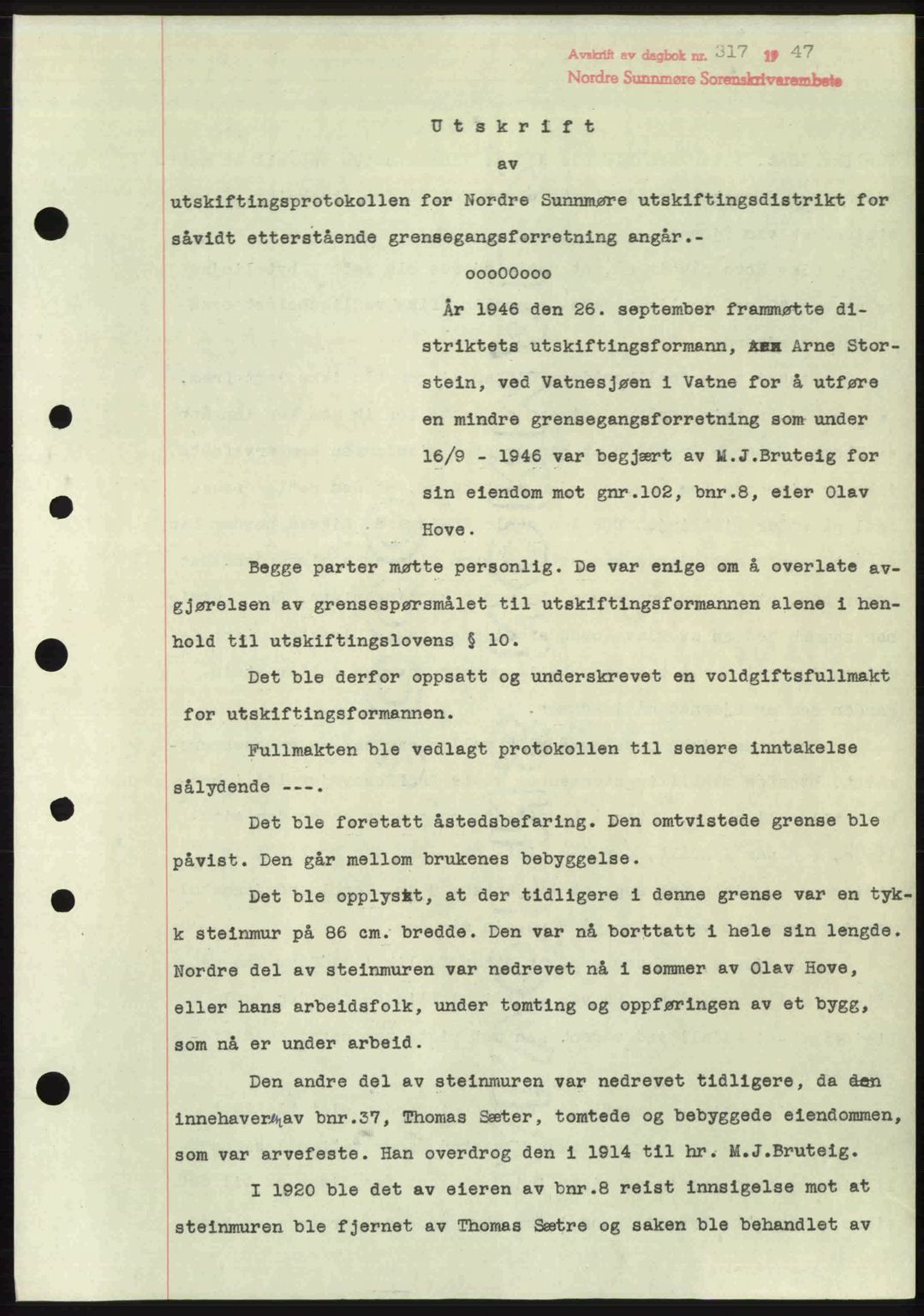 Nordre Sunnmøre sorenskriveri, AV/SAT-A-0006/1/2/2C/2Ca: Mortgage book no. A24, 1947-1947, Diary no: : 317/1947