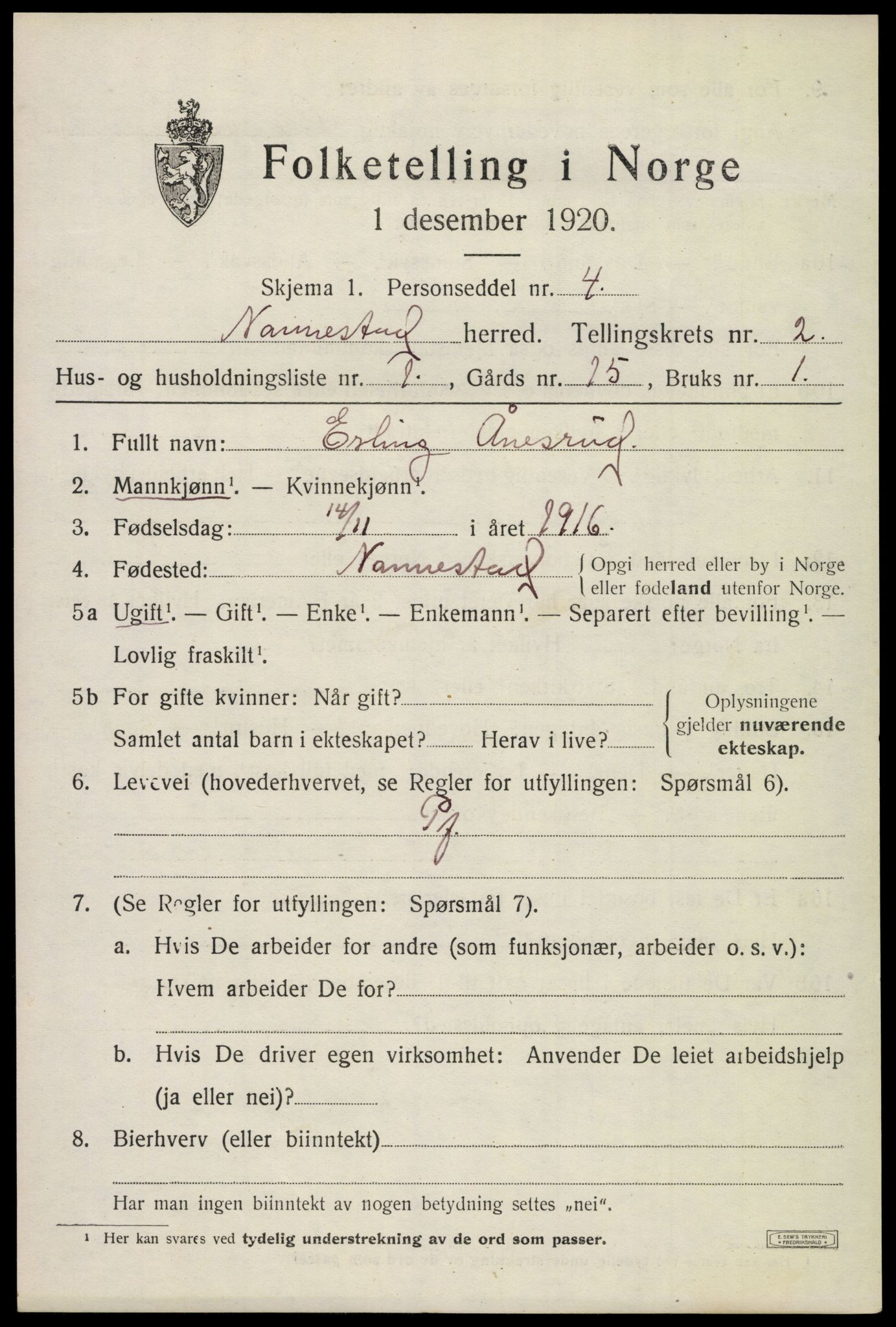 SAO, 1920 census for Nannestad, 1920, p. 2617