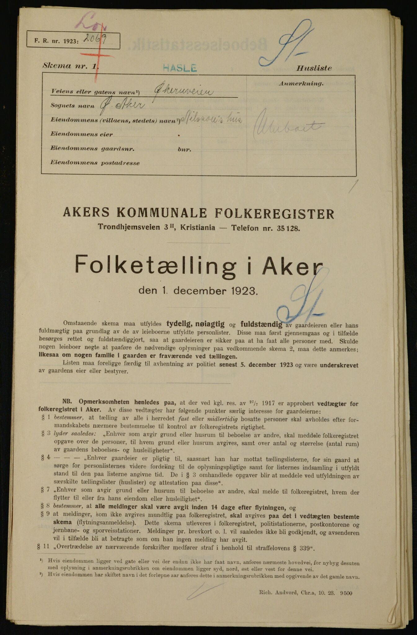 , Municipal Census 1923 for Aker, 1923, p. 35616