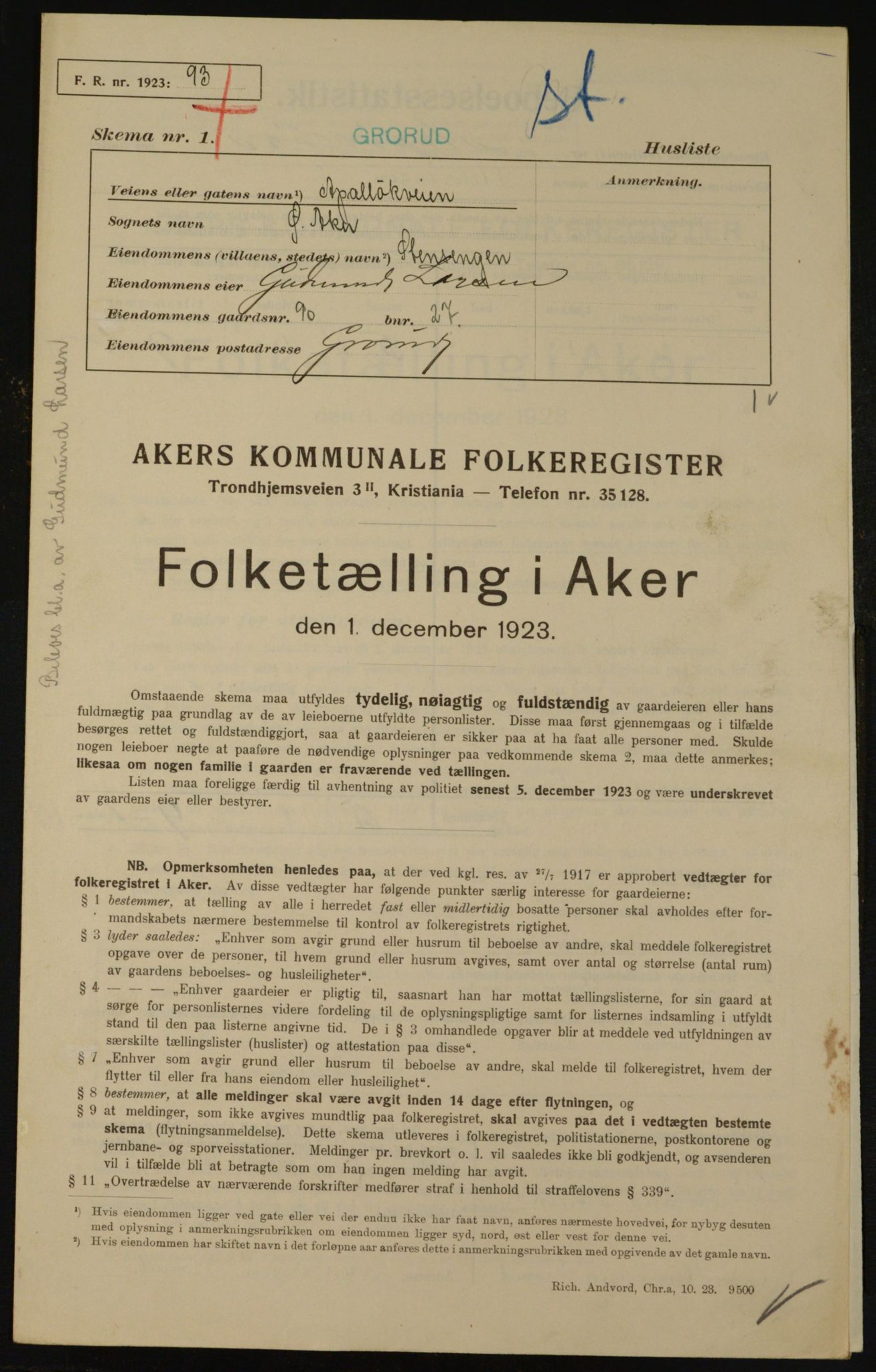 , Municipal Census 1923 for Aker, 1923, p. 22795