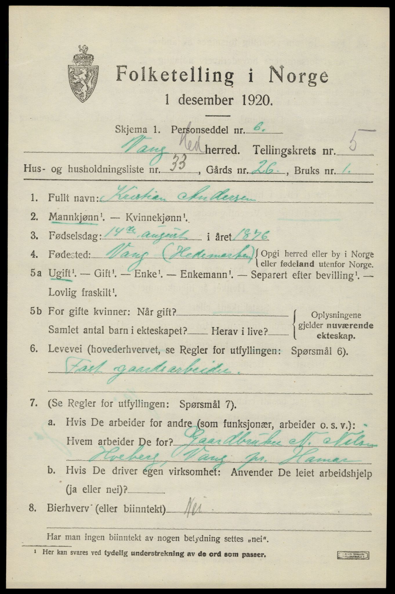 SAH, 1920 census for Vang (Hedmark), 1920, p. 14153